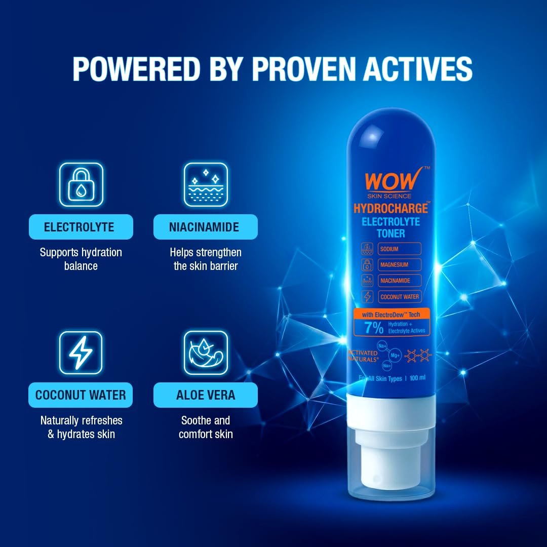 WOW Skin Science HydroCharge Electrolyte Toner with ElectroDew™ Tech | 7% Hydration + Electrolyte Actives | Niacinamide, Coconut Water, Sodium & Magnesium | 100ml thumbnail