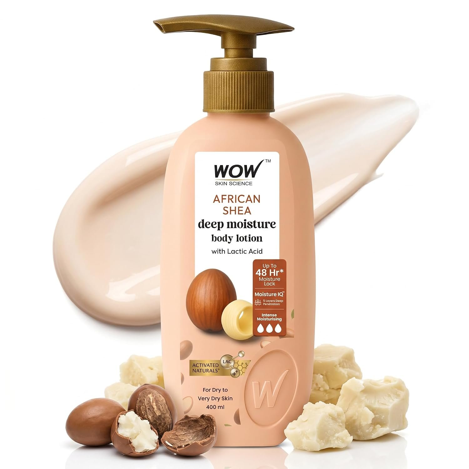 WOW Skin Science Shea Butter With Lactic Acid Body Lotion | Hydrates Very Dry Skin | Long Lasting 48 hrs Moisturization | Smoothens Rough, Flaky Skin | Calms Itchy Skin - 400ml