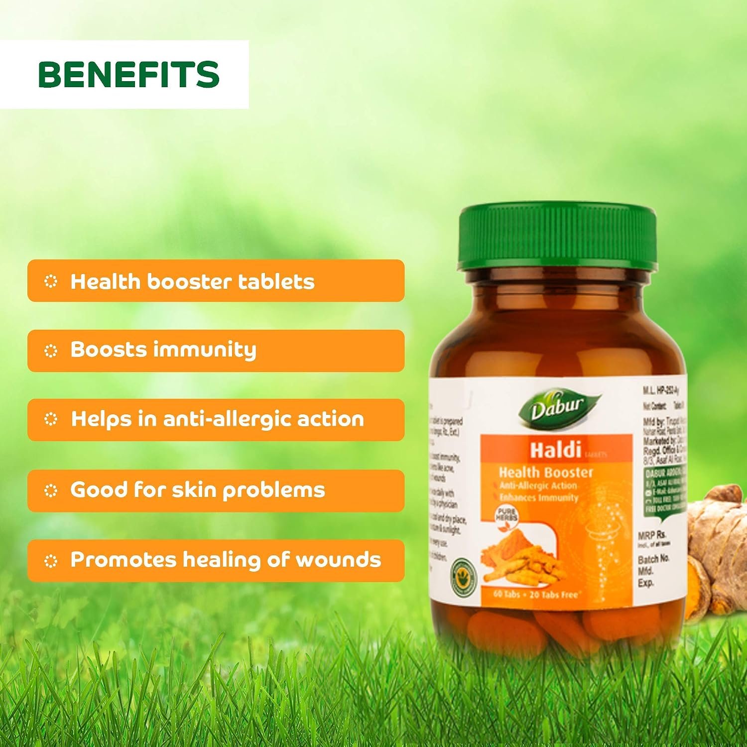 Dabur Haldi Tablet - Health Booster | Anti Allergen | Enhances Immunity | Pure herbs 60 tabs ( Get 20 tabs free) thumbnail