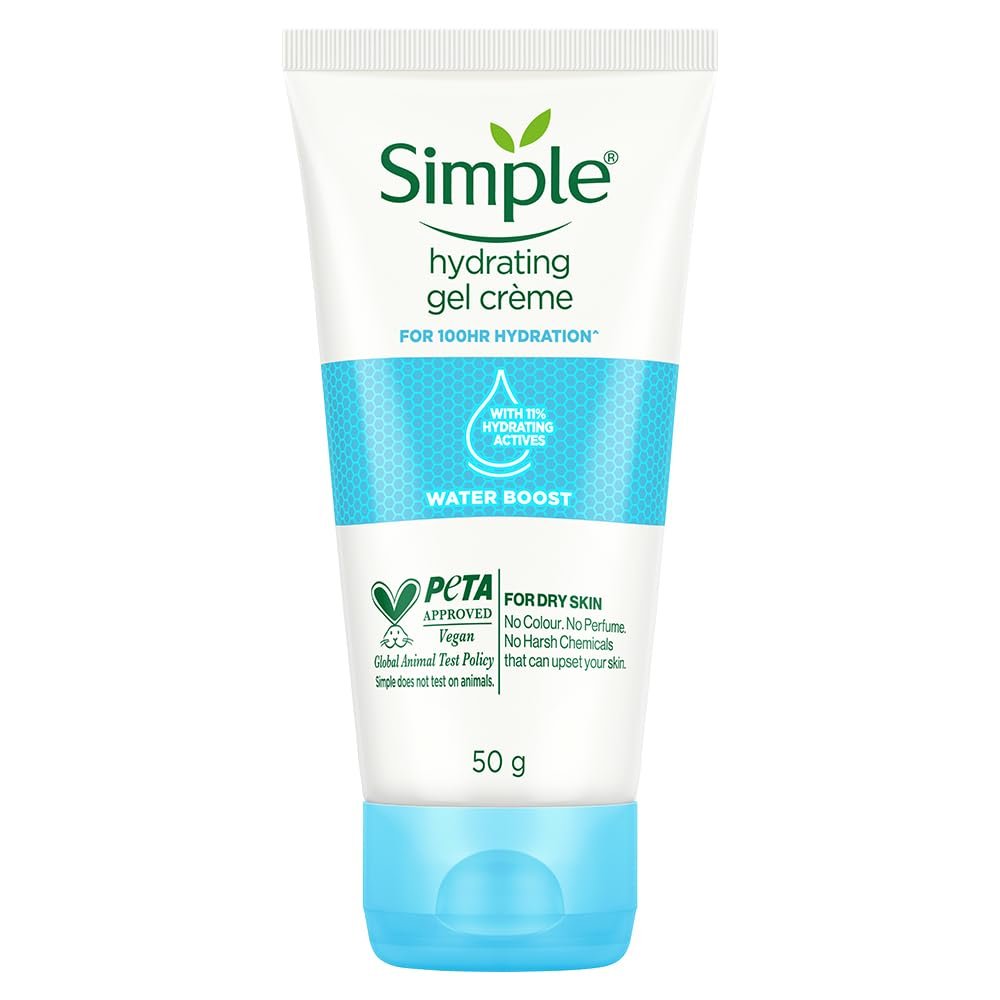Simple Water Boost Hydrating Gel Crème, 50g | 100HR Hydration | Moisturiser for Dry, Sensitive Skin with Prebiotics & Pentavitin | Fragrance Free, Non-greasy | Soothes & Calms Skin