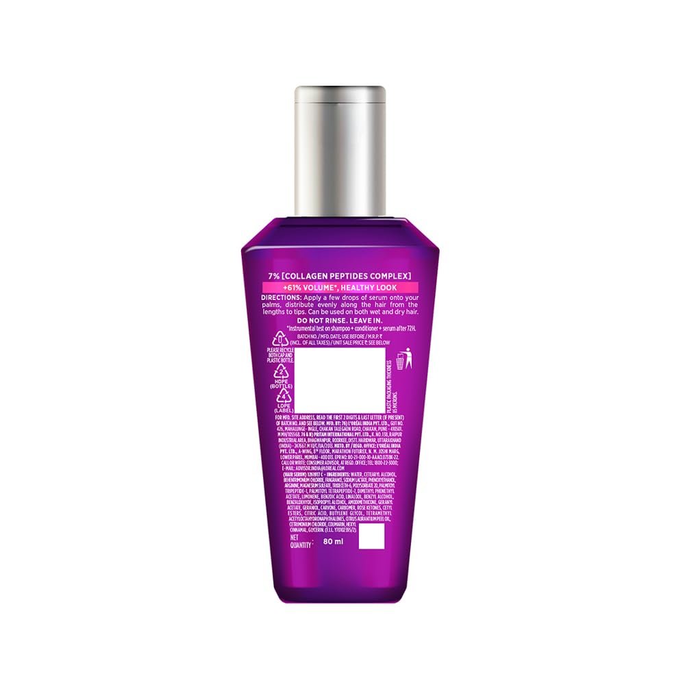 L'Oréal Paris Collagen Lifter Hair Thickening Serum with 7% Collagen Peptides for thin, flat hair | 72H lightweight volume & Frizz free hair, 80ml thumbnail