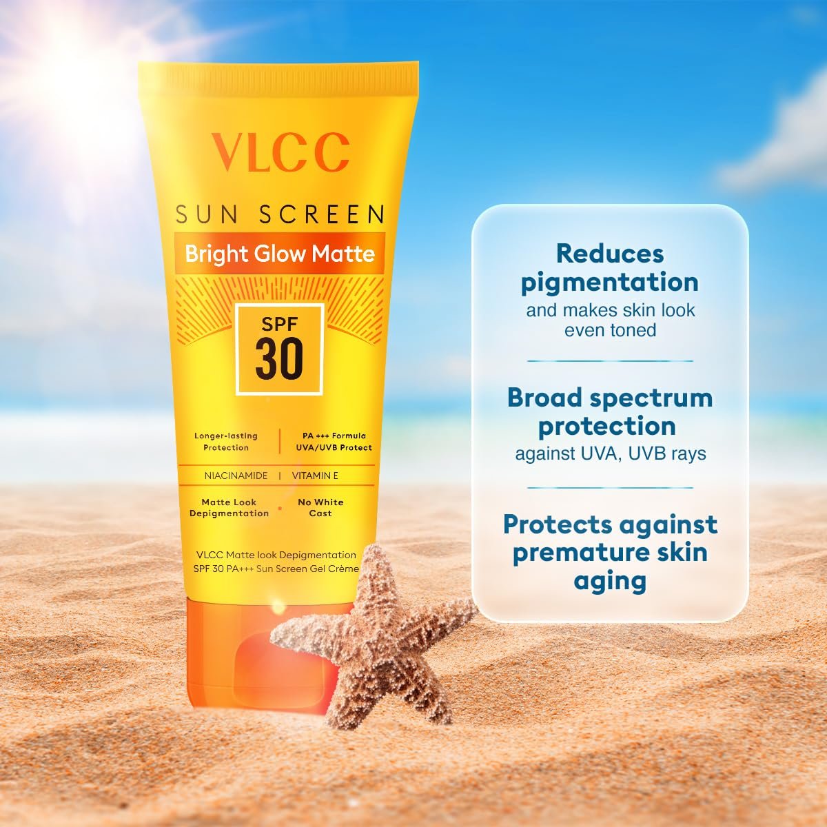 VLCC Bright Glow Matte SPF 30 Sunscreen with PA+++ | Non-Greasy Tinted Formula with Niacinamide, Vitamin E & Grapefruit Extract | 50g thumbnail