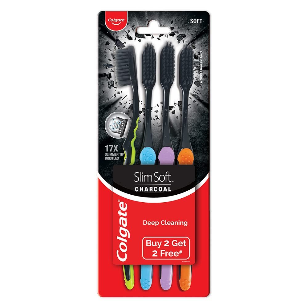 Colgate SlimSoft Charcoal Toothbrush Set of 4 | Soft Bristles | Deep Cleaning thumbnail