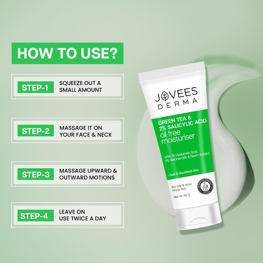 Jovees Derma Green Tea Light Moisturizer | With 1% Hyaluronic & 4% Niacinamide | Fights Pimples & Hydrates | Fades Dark Spots & Brightens Skin | Non-Sticky Moisturizer | 50g thumbnail