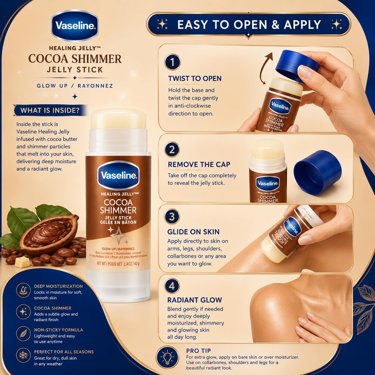 Vaseline Cocoa Shimmer Jelly Stick 40g | Hydrating Body Glow Balm for Radiant Shimmering Skin | Portable Moisture Stick thumbnail