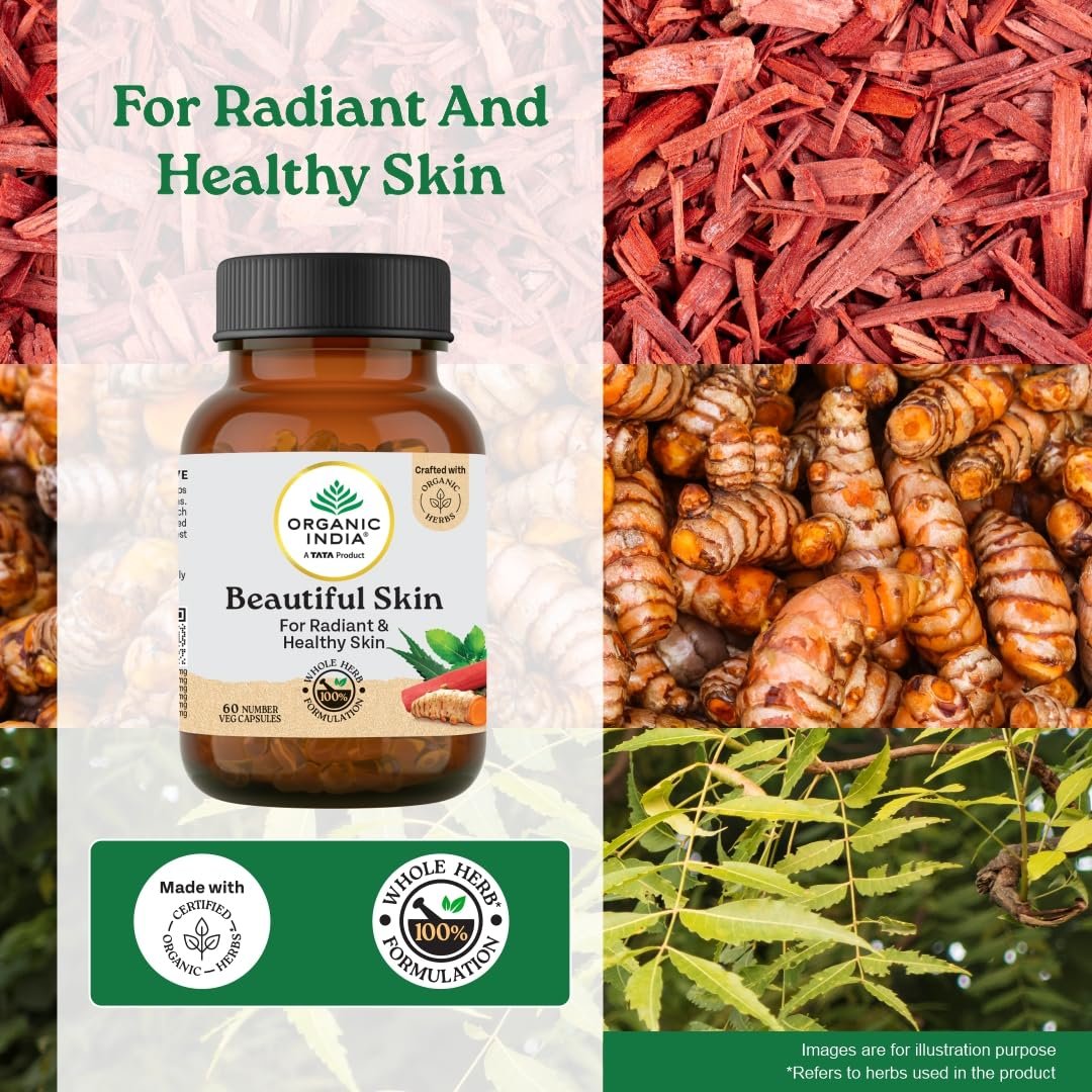 A TATA Product - Organic India Beautiful Skin Capsules - 60 Veg Caps, For Healthy, Radiant & Glow, Helps Rejuvenate Skin thumbnail