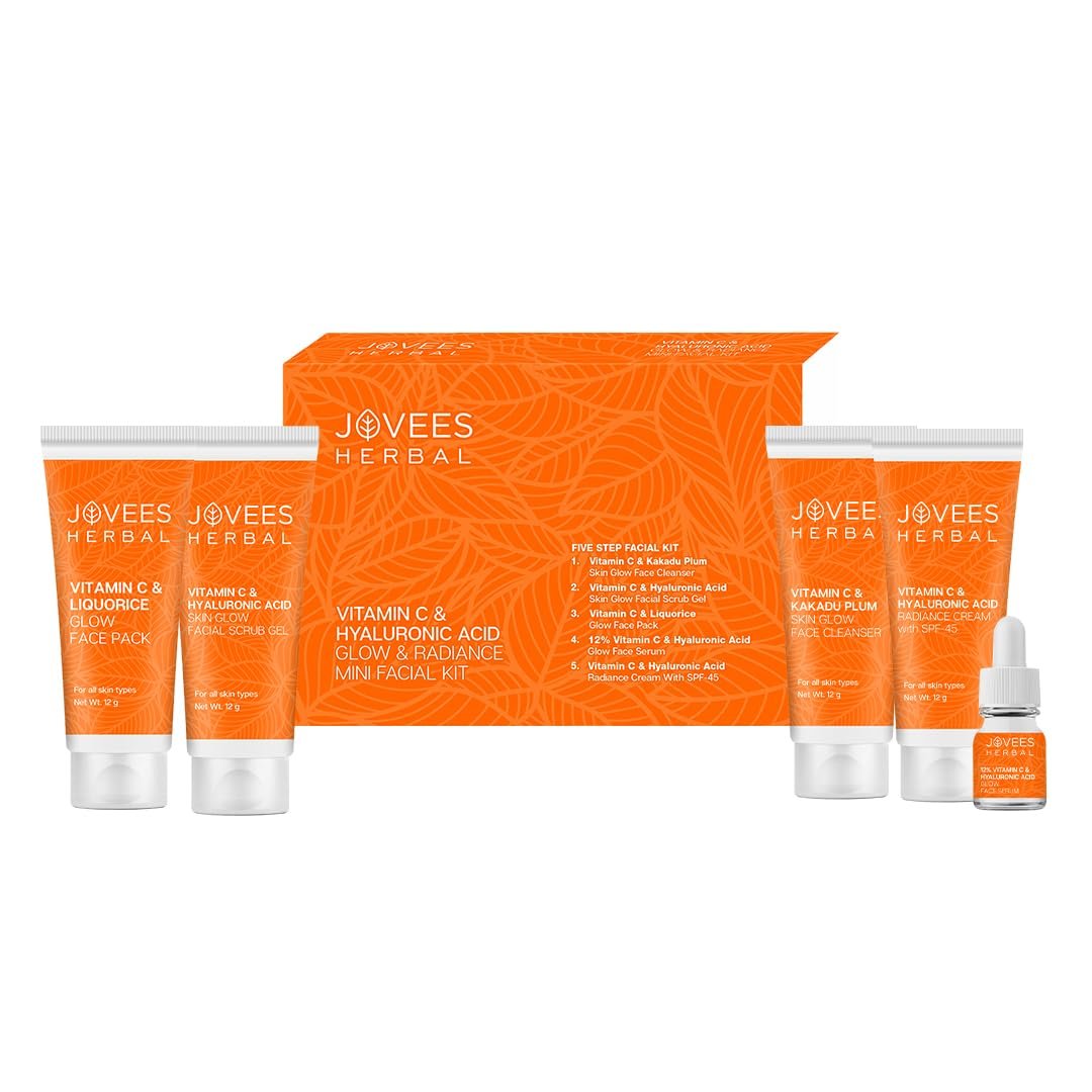 JOVEES SPF 45 All Herbal Vitamin C & Hyaluronic Acid Glow & Radiance Mini Facial Kit For Brighter & Glowing Skin | Kit For Improves Uneven Skin Tone, Fines Lines & Dullness 53g (Multiple use