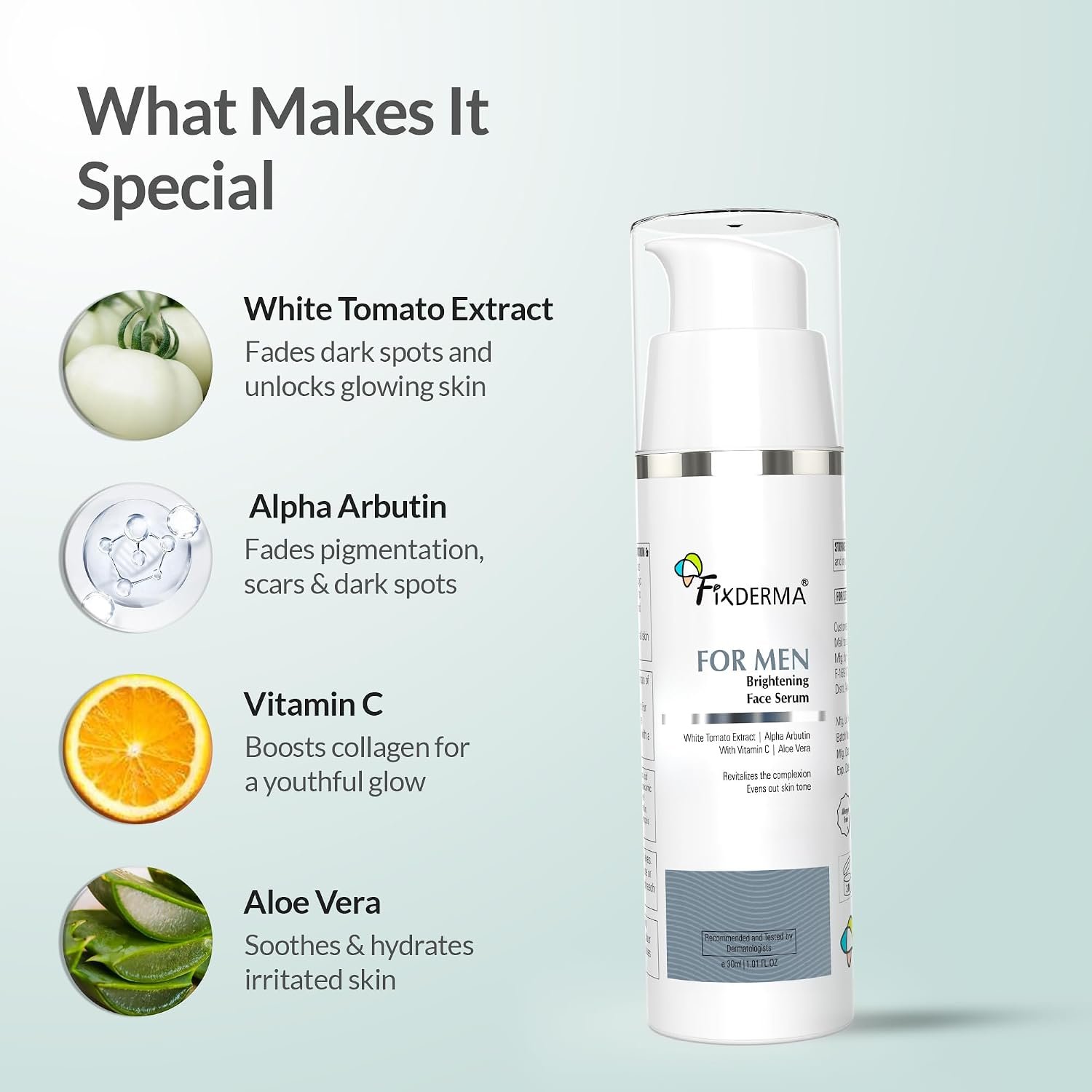 Fixderma Brightening Face Serum for Men with Vitamin C & Alpha Arbutin | Brightening Serum for Dark Spots, Uneven Tone & Dull-Looking Skin | 30ml thumbnail