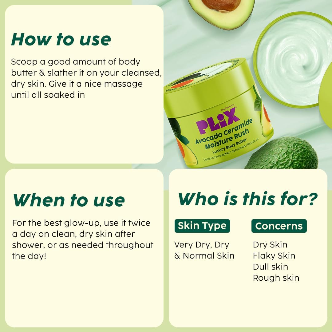 PLIX - THE PLANT FIX Avocado Ceramide Moisture Rush Luxury Body Butter | For Deep Hydration & Silky-soft skin | Cocoa & Shea Butter | For Men & Women| Very Dry to Normal Skin |200g thumbnail