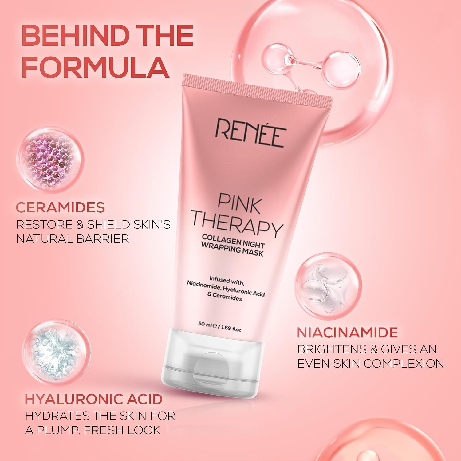 RENEE Pink Therapy Collagen Night Wrapping Face Mask | For Young, Hydrated Skin | Texture & Elasticity | Improves Skin Barrier | Hyaluronic Acid & Niacinamide Infused | 50 ml thumbnail