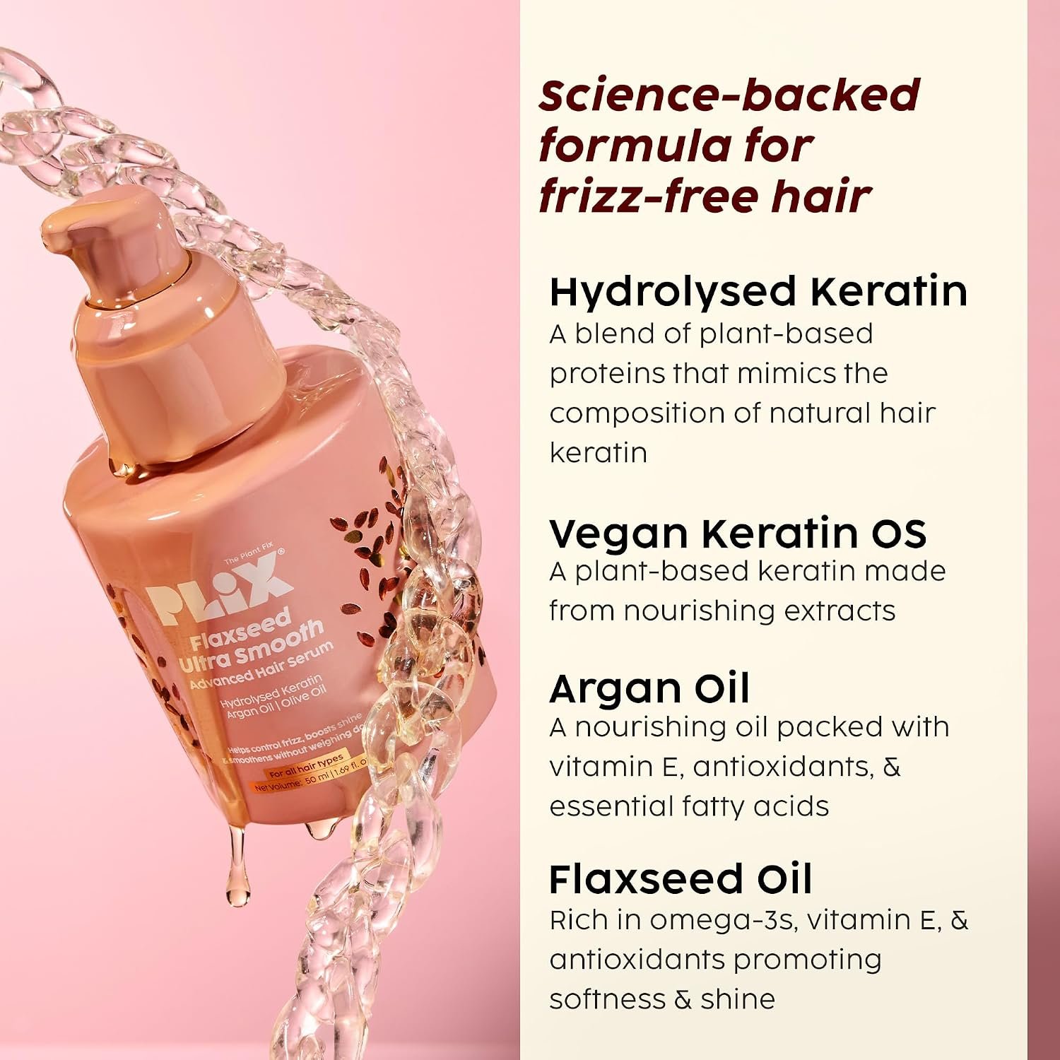 PLIX - THE PLANT FIX Flaxseed Keratin Smoothening Anti-Frizz Serum | Plant Keratin PF & Argan Oil | For Frizz-Free Hair | Paraben Free | For Men & Women | 50ml thumbnail