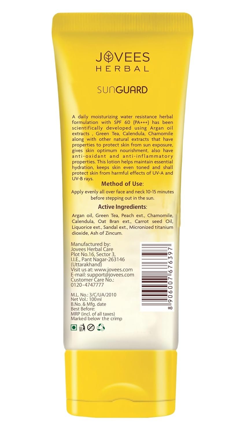 Jovees Herbal Sun Guard Sunscreen Lotion SPF 60 Pa+++ Broad Spectrum For All Skin | 3 In 1 Matte Sunscreen Lotion UVA/UVB Protection, Moisture Balance, Even Tone Skin | For Women & Men 100g thumbnail