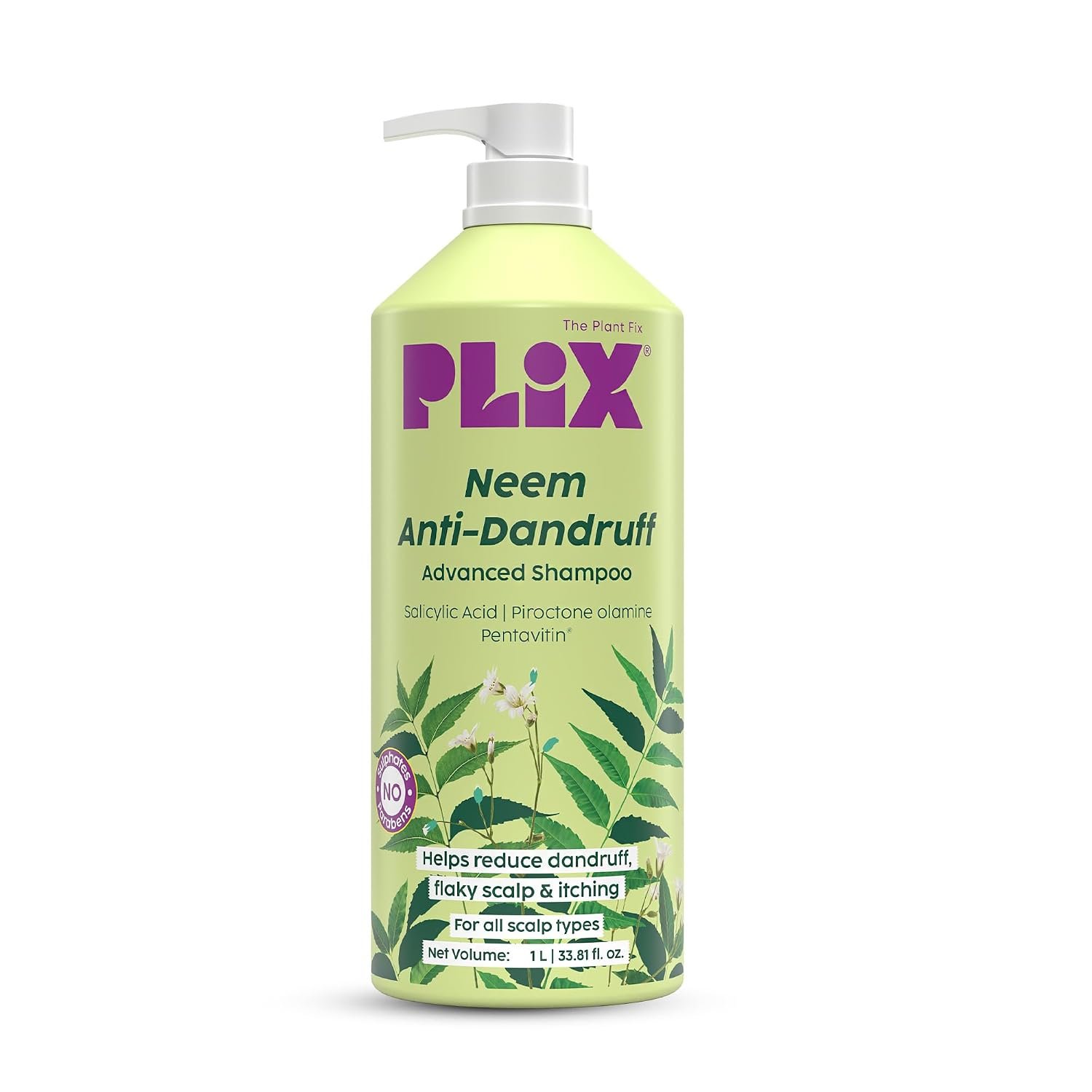 PLIX - THE PLANT FIX Neem Anti-Dandruff Advanced Shampoo | Piroctone Olamine & Pentavitin | Reduces Dandruff | Soothes Itchy Scalp | Moisturizes & Nourishes | Sulphate & Paraben Free|1000ml