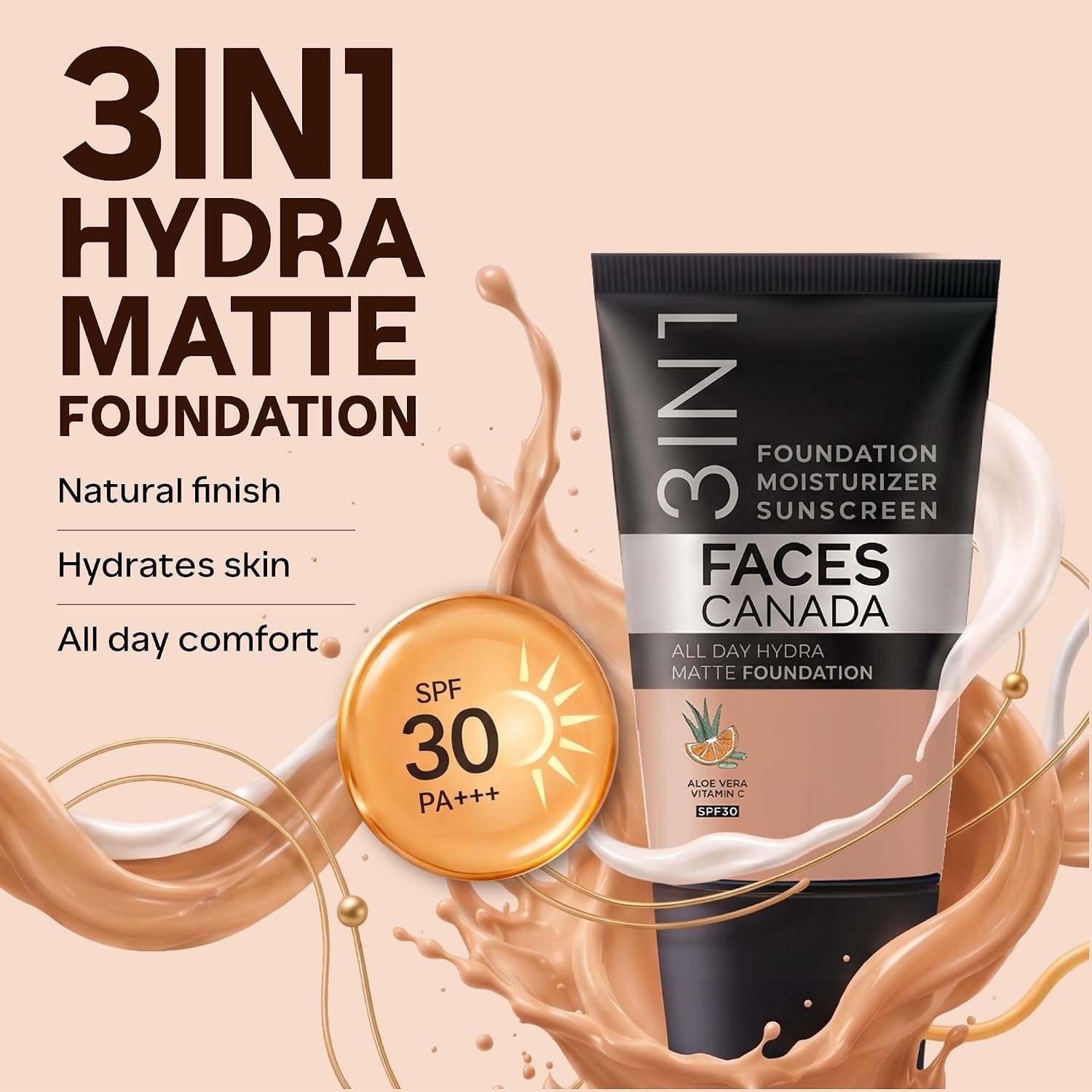 FACES CANADA All Day Hydra Matte Foundation - Mini | 3in1 Foundation + Moisturizer + SPF 30 | 24 HR Aloe Hydration & Vitamin C | 10HR Wear | Medium to High Buildable Coverage | Caramel Natur thumbnail