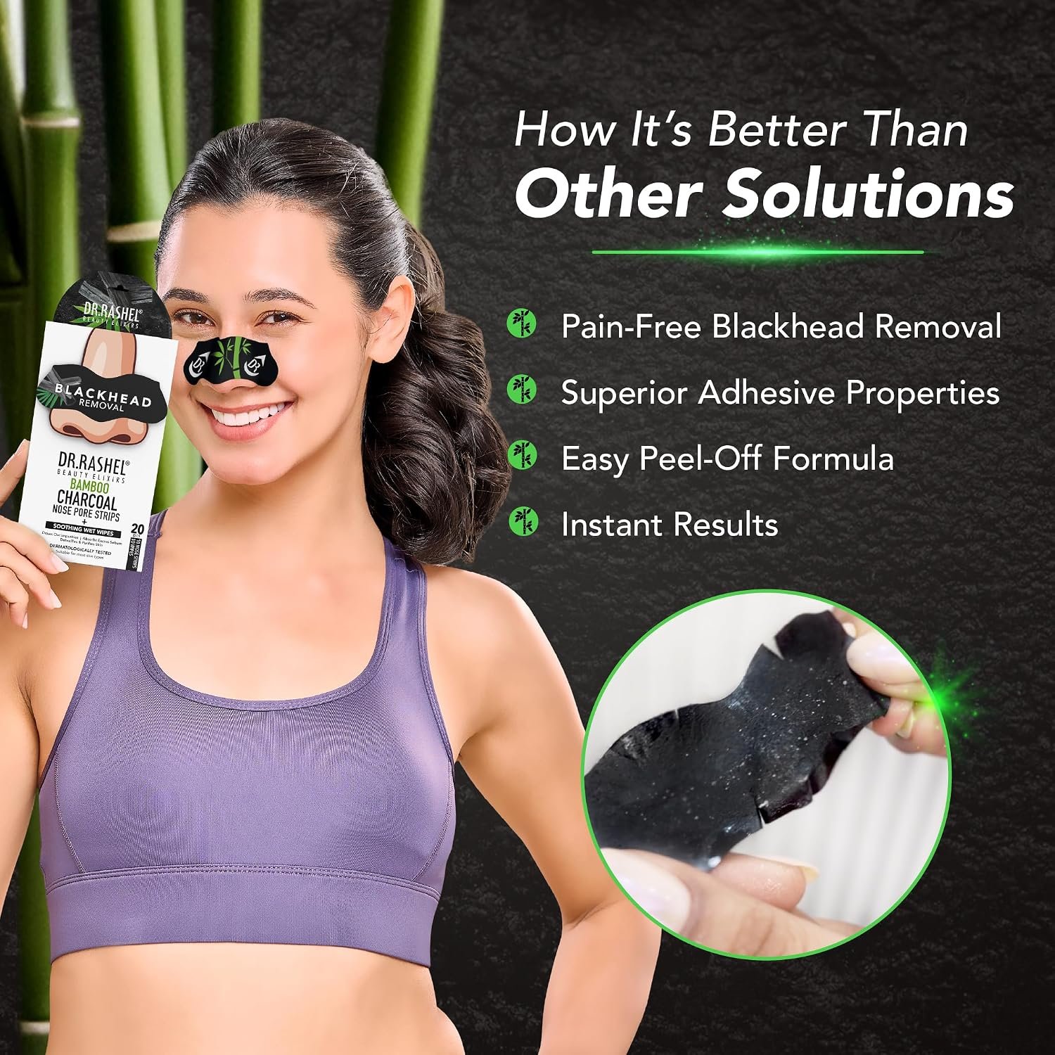 DR.RASHEL Beauty Elixirs Bamboo Charcoal Nose Pore Strips for Blackhead Removal, Activated Charcoal Deep Cleansing & Oil Control, Painless Pore Care for Men & Women,(10 Strips + 10 Cleansing thumbnail