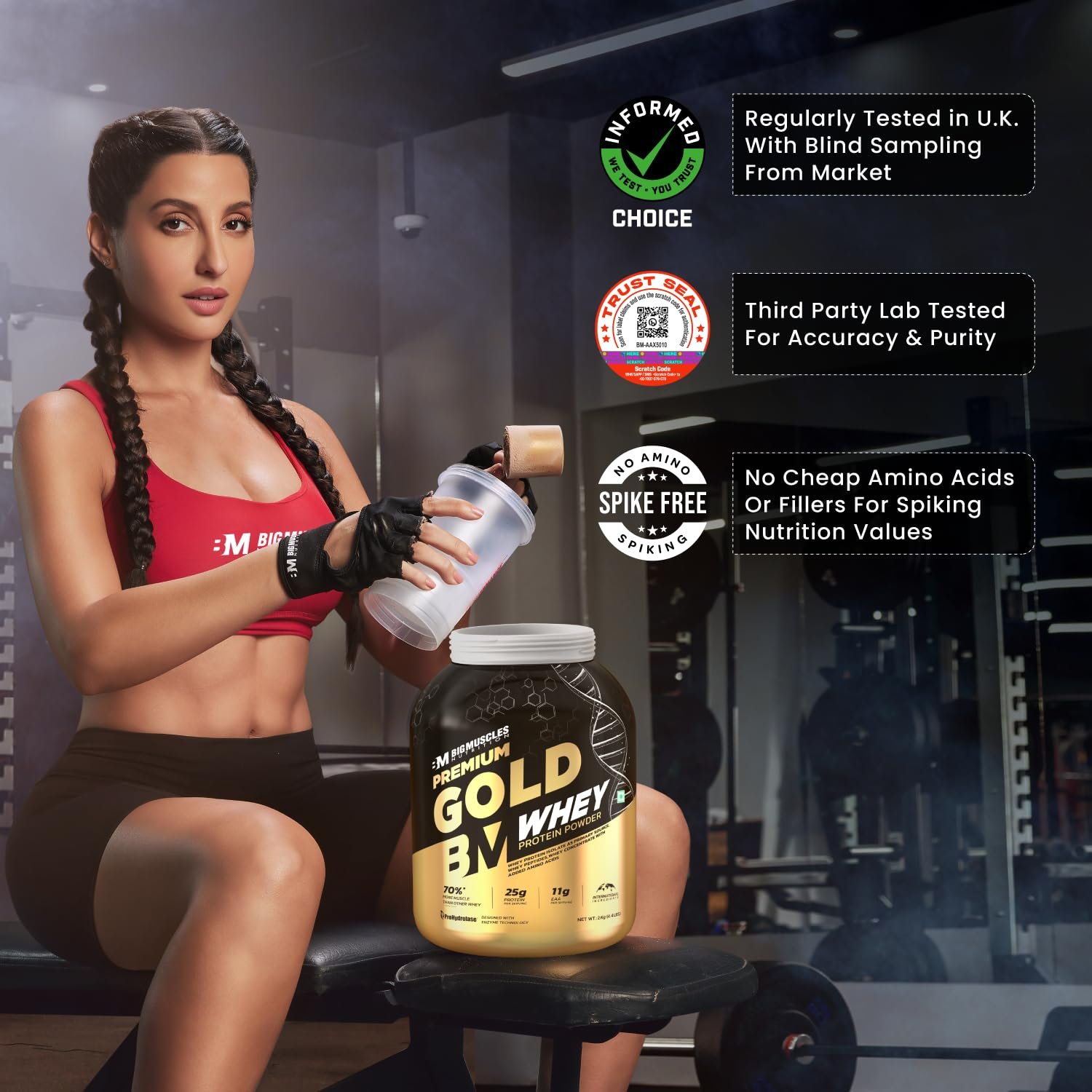 Bigmuscles Nutrition Premium Gold Whey [1Kg] | Informed Choice UK Certified | Isolate Whey Protein Blend | 25g Protein | 11g EAA | ProHydrolase Enzyme Technology [Rich Chocolate] thumbnail