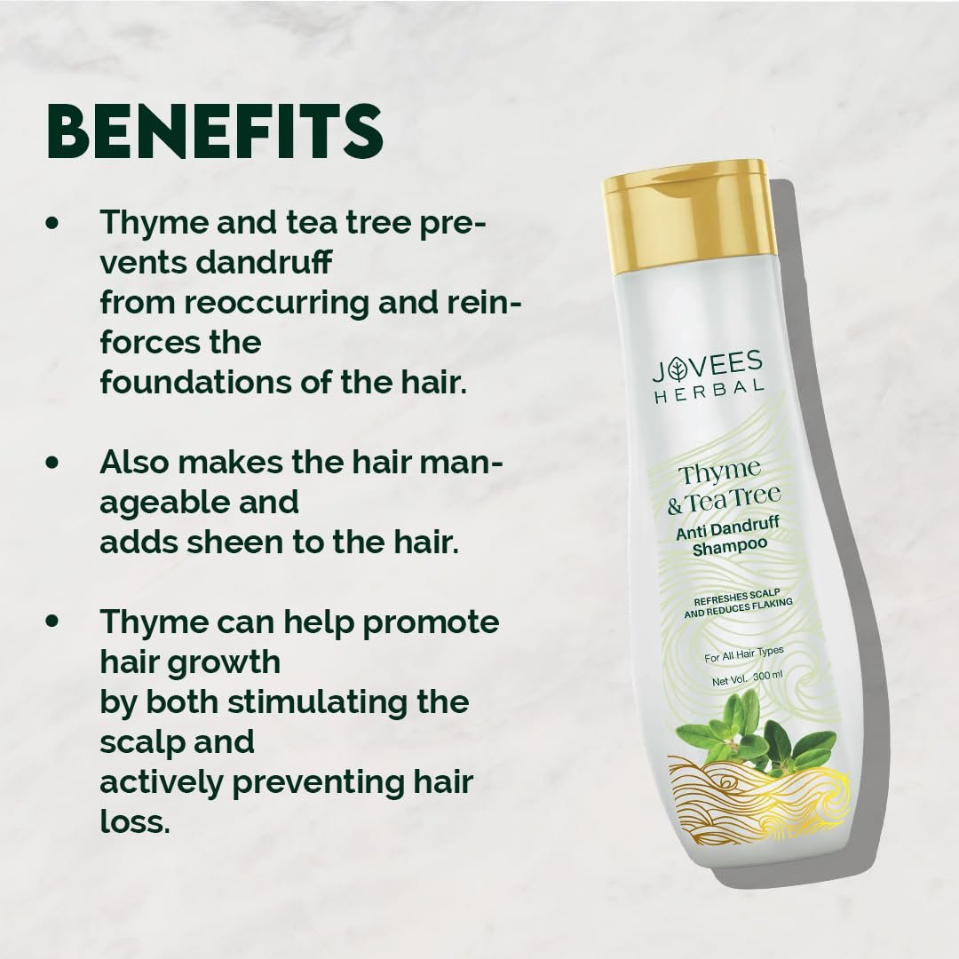 Jovees Herbal Thyme & Tea Tree Anti Dandruff Shampoo | With Tea Tree, Thyme & Lemon Extract | For All Hair Type | Prevents Dandruff & Dry Scalp | For Men & Women- 300ml thumbnail