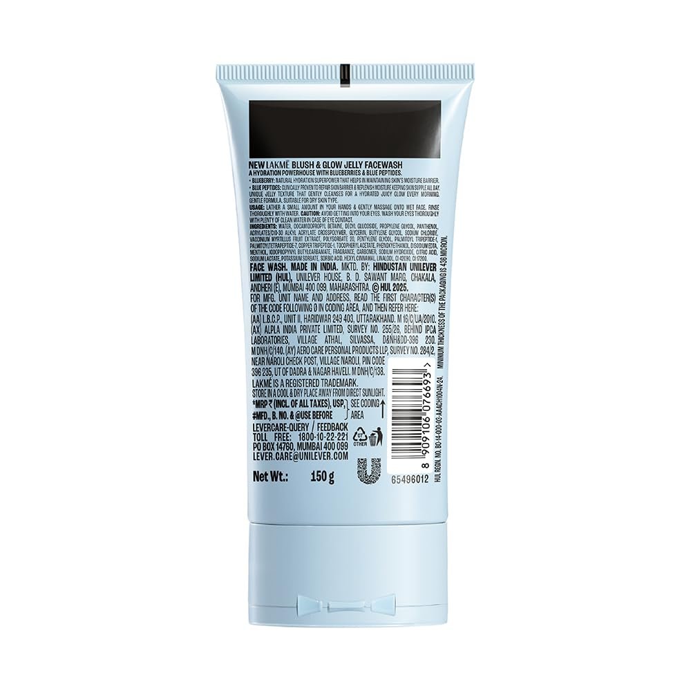 LAKME Blush & Glow, Blueberry + Peptide Gentle Jelly Facewash, 150g, for Fresh and Hydrated Skin, with Blueberry Extract & Blue Peptide, Removes Dirt & Impurities, for Dry & Dehydrated Skin thumbnail