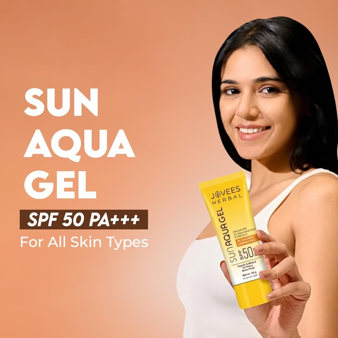 Jovees Herbal Sun Aqua Gel Sunscreen SPF 50 PA+++ | Lightweight, Water-Like Texture | 1% Hyaluronic Acid | Non-Greasy, No White Cast | Perfect for Oily & Combination Skin | 50g thumbnail