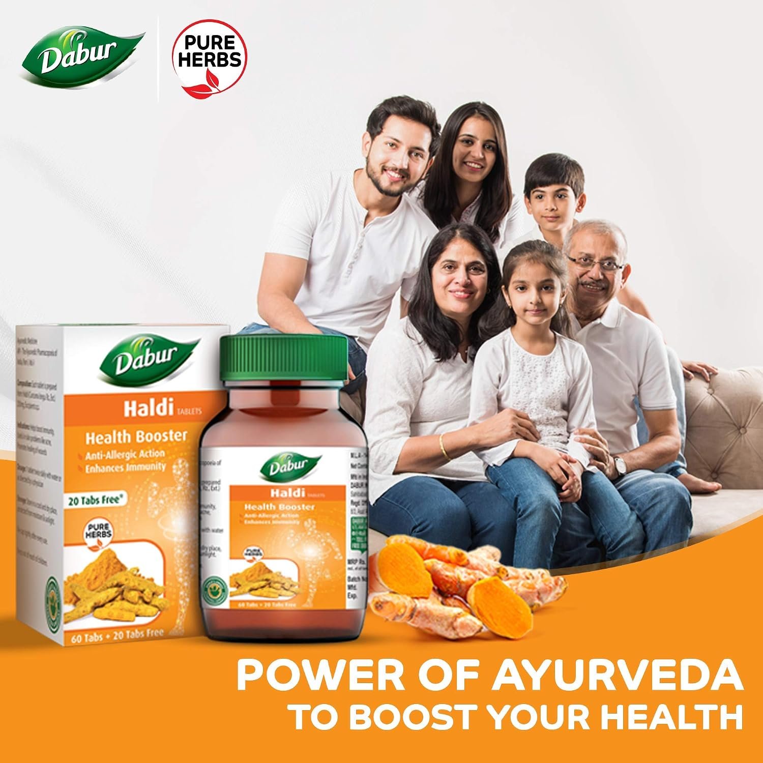 Dabur Haldi Tablet - Health Booster | Anti Allergen | Enhances Immunity | Pure herbs 60 tabs ( Get 20 tabs free) thumbnail