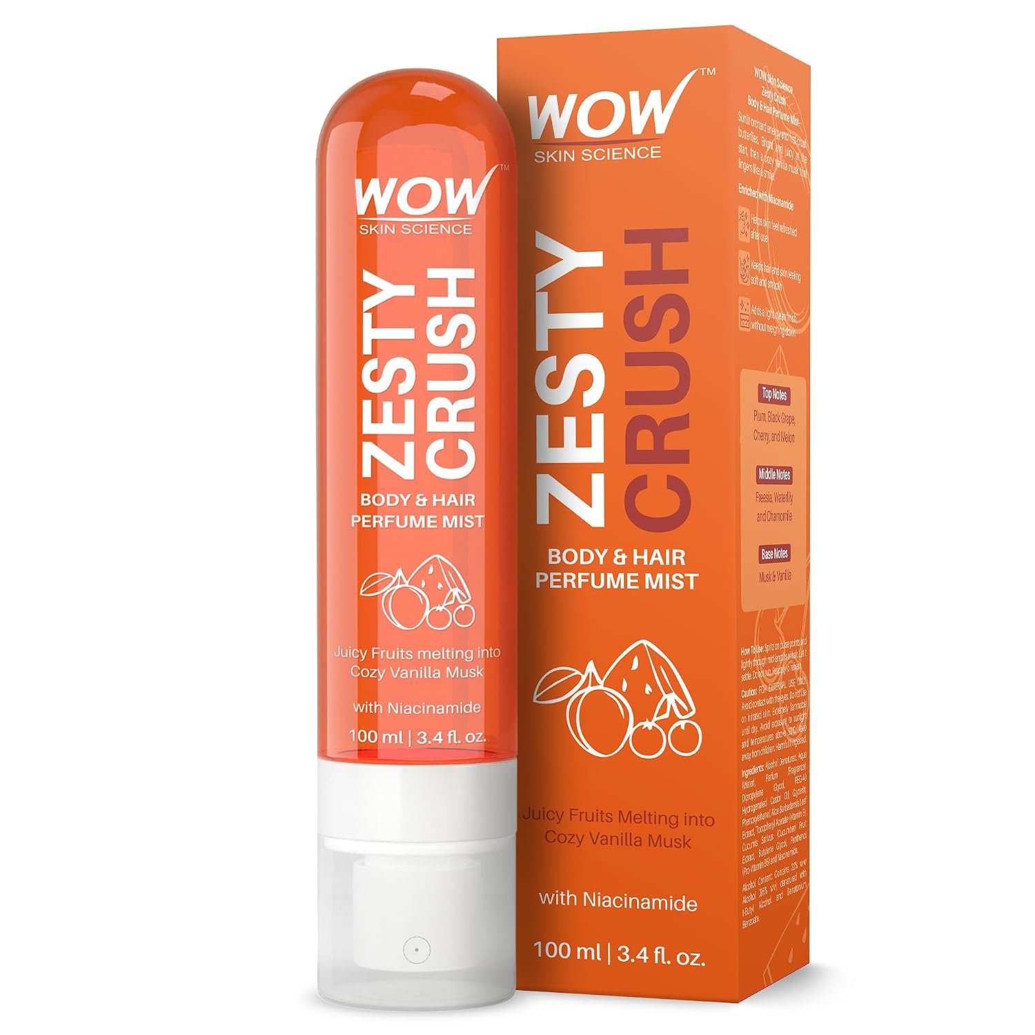 WOW Skin Science Zesty Crush Unisex Body & Hair Perfume Mist | Juicy Fruity Vanilla Musk Fragrance with Niacinamide | 100ml