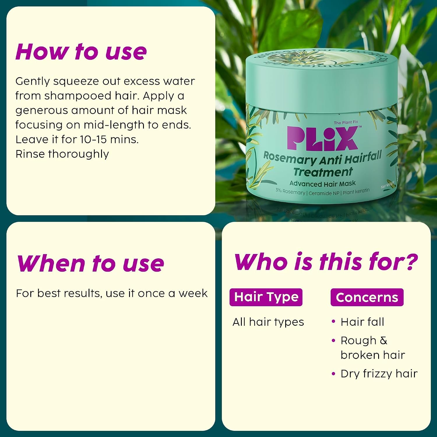 PLIX - THE PLANT FIX Rosemary Anti-Hair Fall Treatment Advanced Hair Mask With 3% Rosemary Extract, Ceramides & Plant Keratin | Hair Mask For Dry And Frizzy Hair| 200 Gram thumbnail