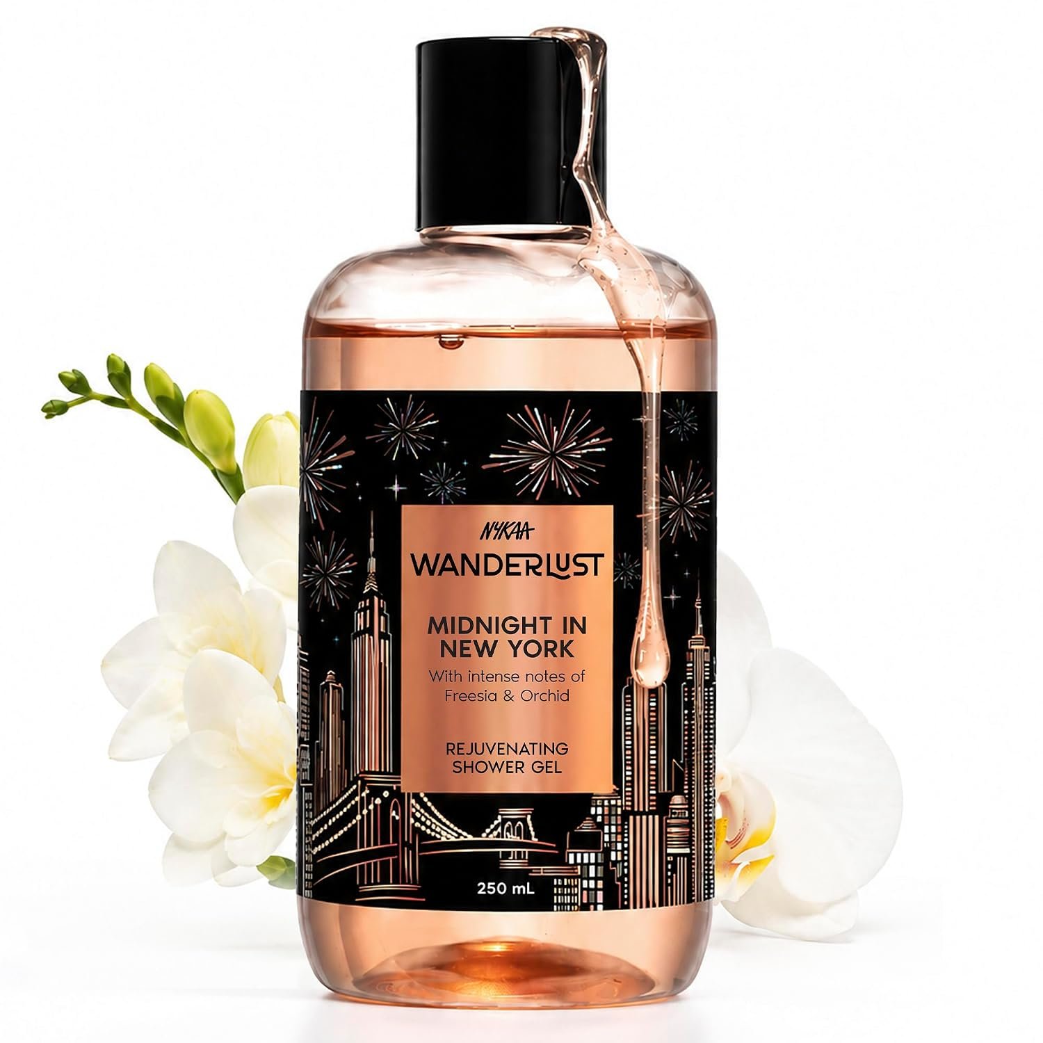 Nykaa Wanderlust Midnight in New York Detan Floral Perfume Body Wash, with Niacinamide, Vitamin E & Glycerine, Orchid & Musk, Shower Gel for Smooth & Soft Skin | 250 ml