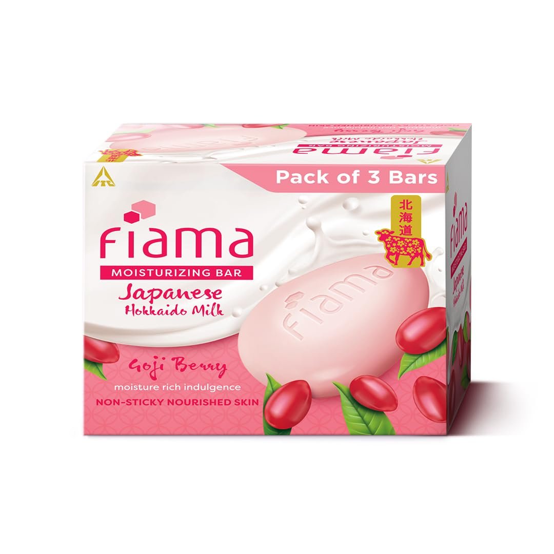 Fiama Skin Barrier Strengthening Moisturizing Soap Bar 125gx3 | Clinically Proven | With Pro-Ceramides | Goji Berry & Japanese Hokkaido Milk Celebration Pack of 3, Non-Sticky Softness |