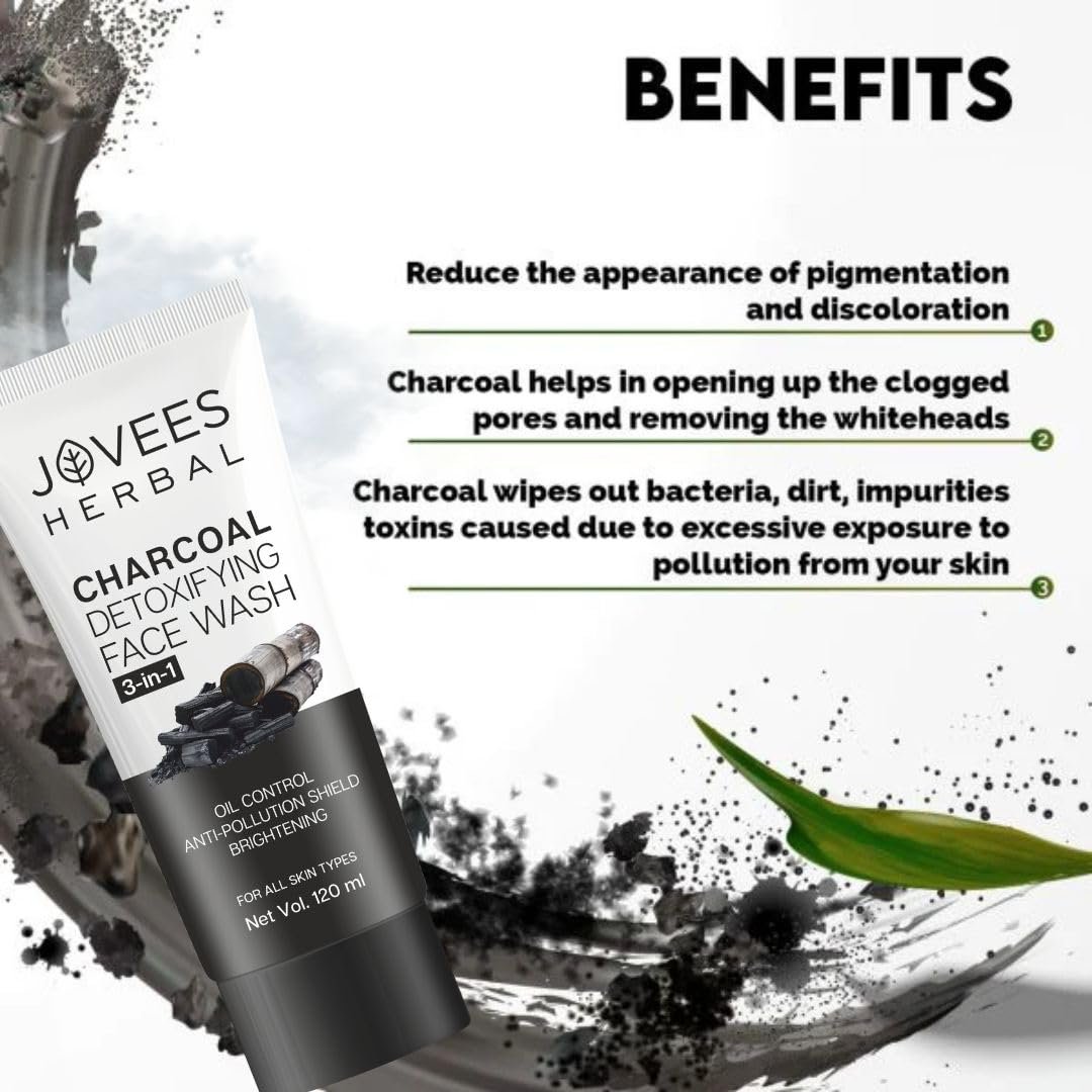 Jovees Herbal Activated Charcoal Detoxifying Face Wash For Anti Pollution, Deep Pore Cleansing, Oil Control, Removes Dirt & Impurities | Suitable for Acne Prone Skin 120 ML thumbnail
