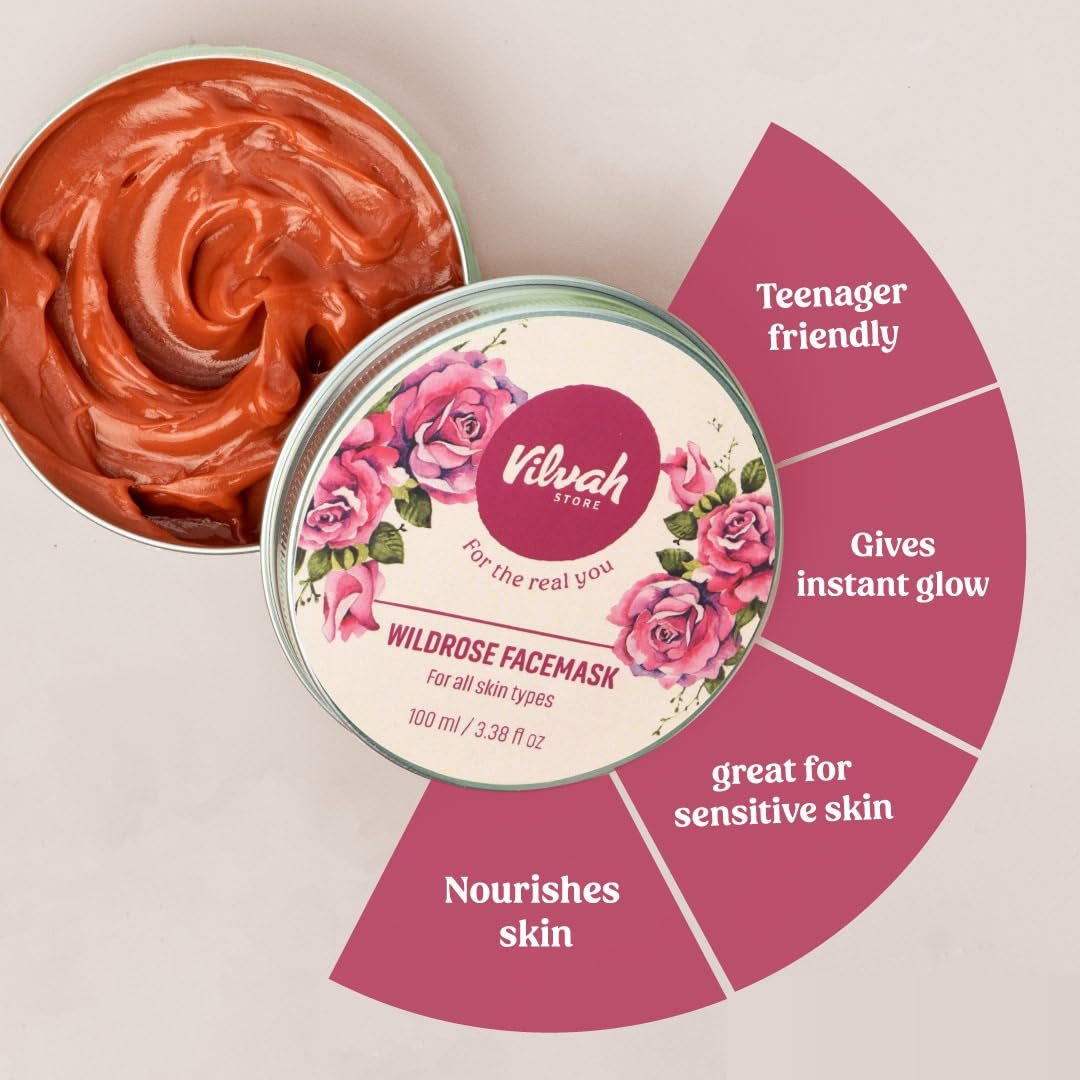 Vilvah Wild Rose Face Mask for Glowing & Even Toned Skin | Mild Exfoliation, Deep Hydration & Skin Brightening | With Aloe Vera, French Pink Clay & Rose Hydrosol | For All Skin Types | Men & thumbnail