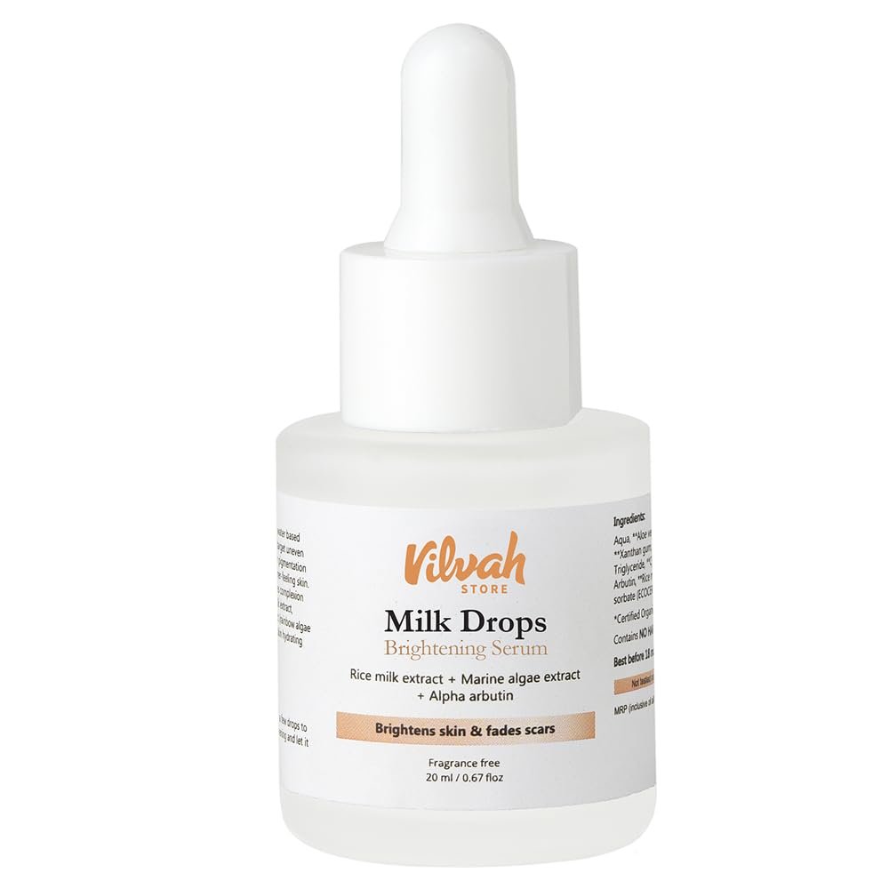 Vilvah Milk Drops Brightening Serum | Fades Dark Spots, Treats Hyperpigmentation & Evens Skin Tone | Hyaluronic Acid & Alpha Arbutin Serum for Women & Men | Suitable for All Skin Types | 20m