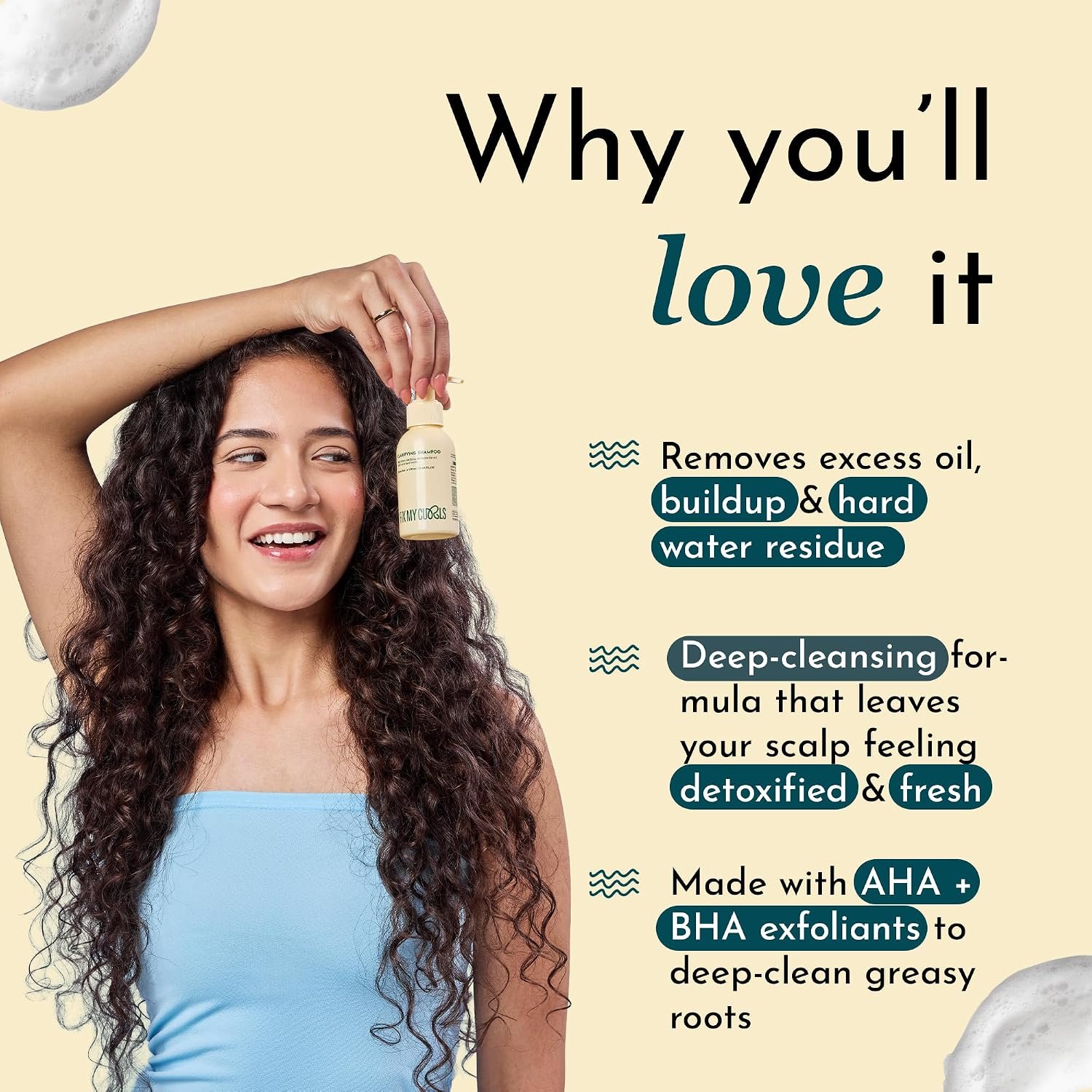 Fix My Curls Clarifying Shampoo | With AHA 0.1% + BHA 0.2%, Green Tea & Aloe Vera | Removes Buildup & Excess Oil | For Curly & Wavy Hair | Weekly Scalp Detox | 100ml thumbnail