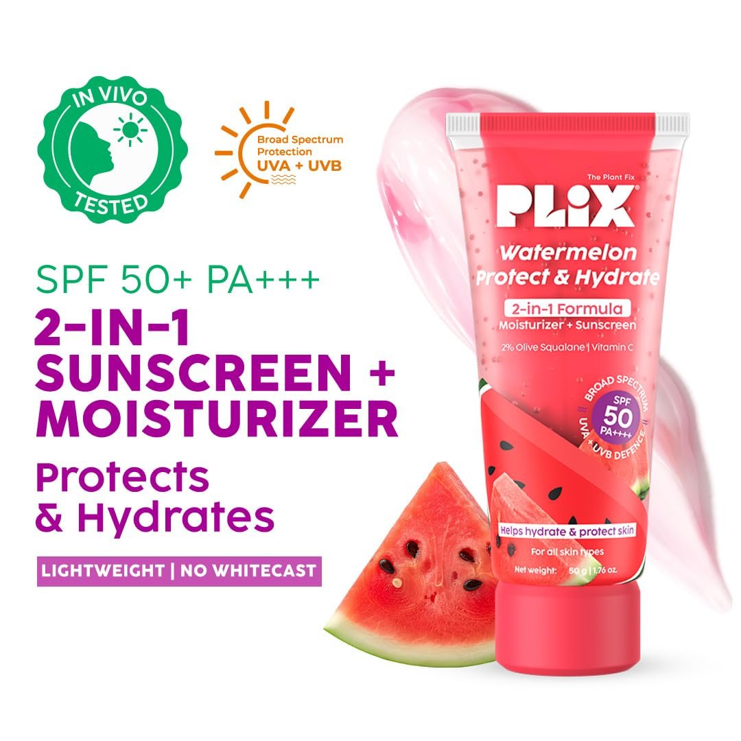 PLIX THE PLANT FIX Watermelon Protect & Hydrate 2-in-1 Formula | In Vivo Tested SPF 50 PA++++ | Moisturizer + Sunscreen | Lightweight, No White Cast thumbnail