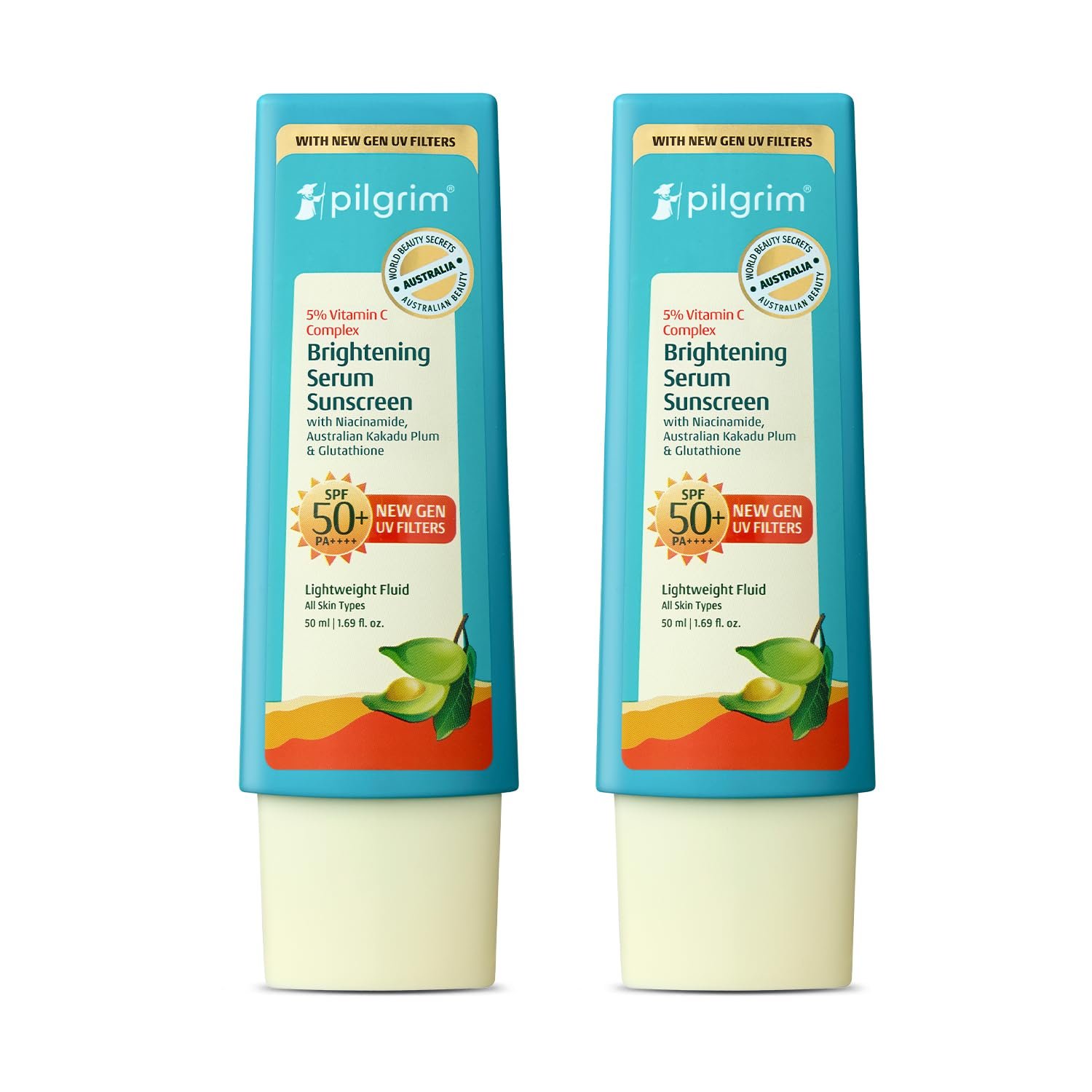 Pilgrim 5% Vitamin C Brightening Serum Sunscreen SPF 50+ PA++++ with Niacinamide & Glutathione | InVivo Tested New Gen UV Filters Broad Spectrum Sun Protection Gel | 50ml (Pack of 2)