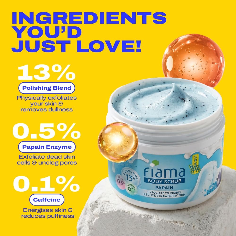 Fiama Strawberry Skin Exfoliating Body Scrub 200g, 0.5% Papain Enzyme + 0.1% Caffeine, Chemical + Physical Exfoliation, 13% Polishing Blend, Reduces Keratosis Pilaris, Refreshing Aqua Fragra thumbnail