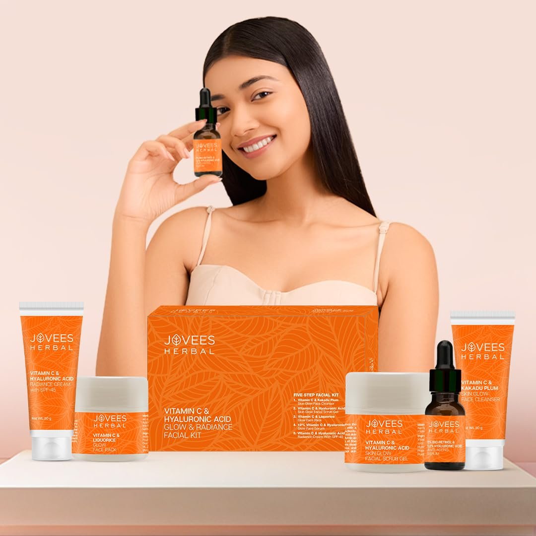 Jovees Herbal Vitamin C & Hyaluronic Acid Glow Facial Kit For Brighter & Radiant Skin | Kit For Improves Uneven Skin Tone, Fines Lines & Dullness 215g (Multiple use) thumbnail