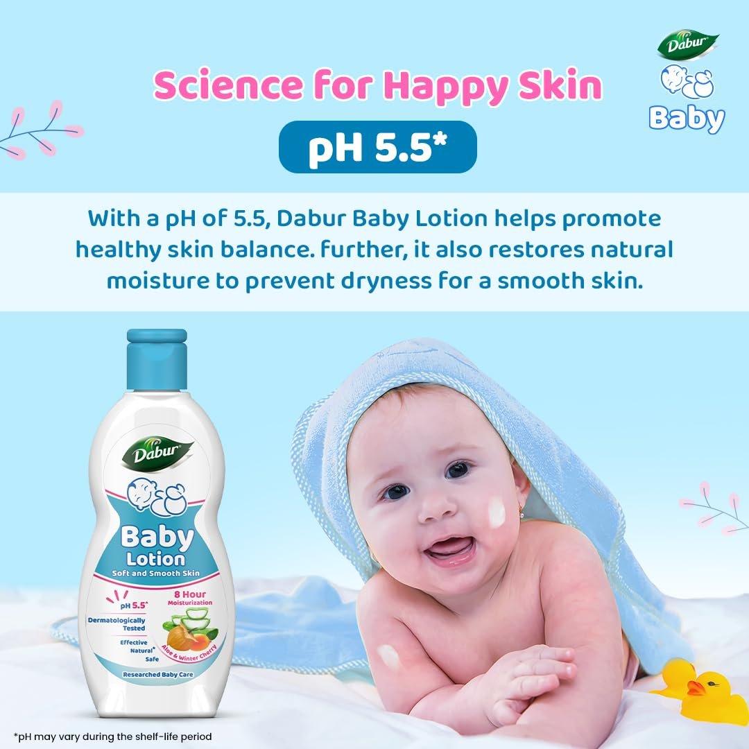 Dabur Baby Lotion: pH 5.5 Balanced for baby skin | Contains Aloe Vera, Licorice and Almonds | Hypoallergenic and Dermatologically Tested | No Paraben and Phthalates -200ml thumbnail