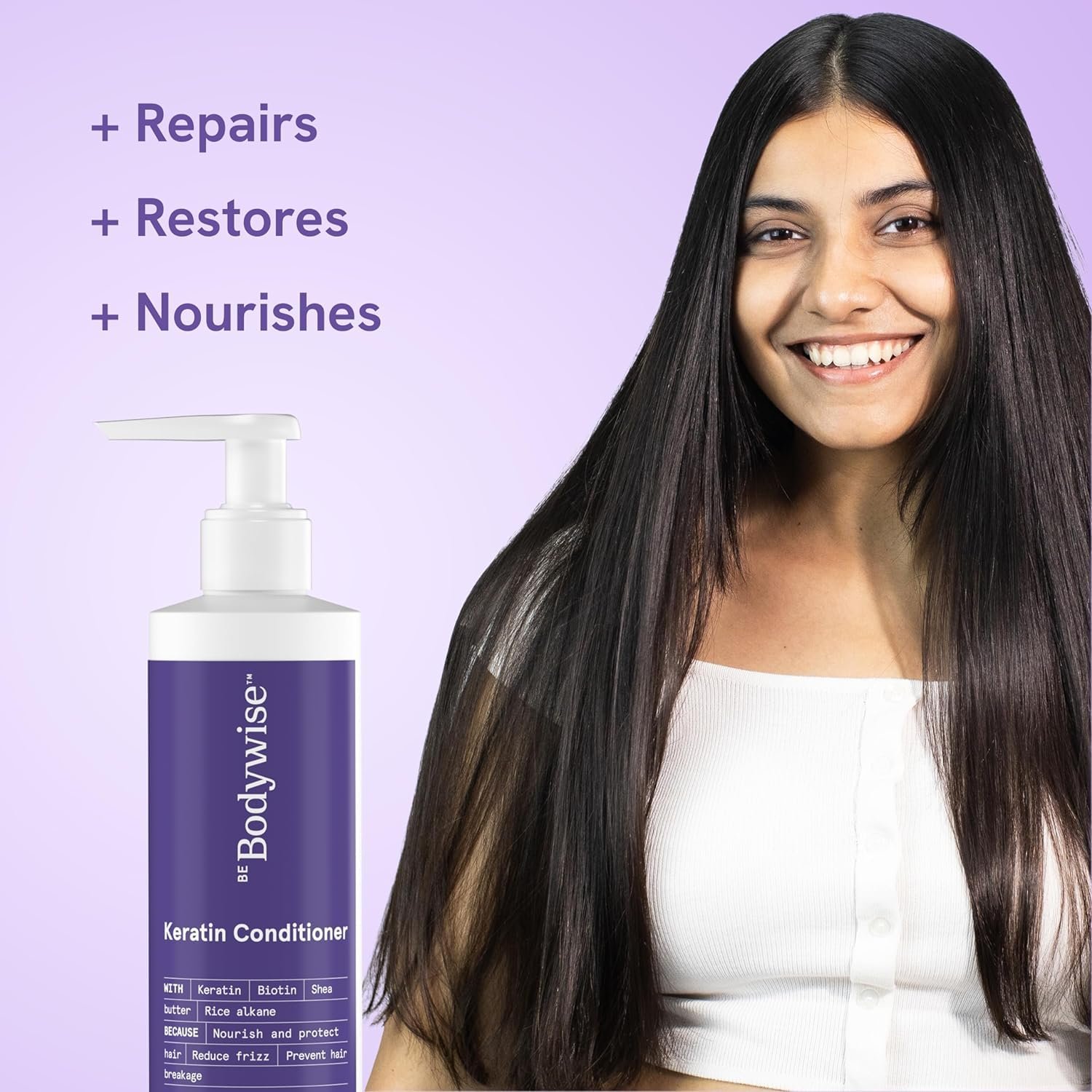 Be Bodywise Keratin Hair Fall Control Shampoo & Conditioner | Ultra Smoothing Shampoo + Conditioner with Niacinamide, Biotin, Argon Oil, Shea Butter & Caffeine | Paraben & SLS free, 450ml. thumbnail