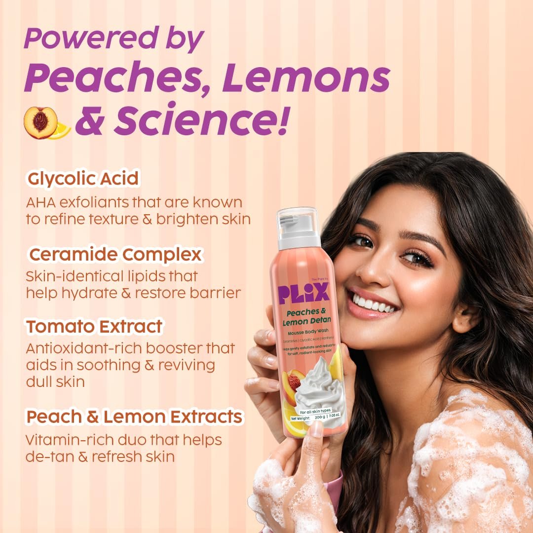 Plix Peaches & Lemon De-Tan Mousse Body Wash | Glycolic Acid & Ceramides | Hydrating Mousse Body Wash with Fruit Extracts | Smooth, Bright Skin thumbnail
