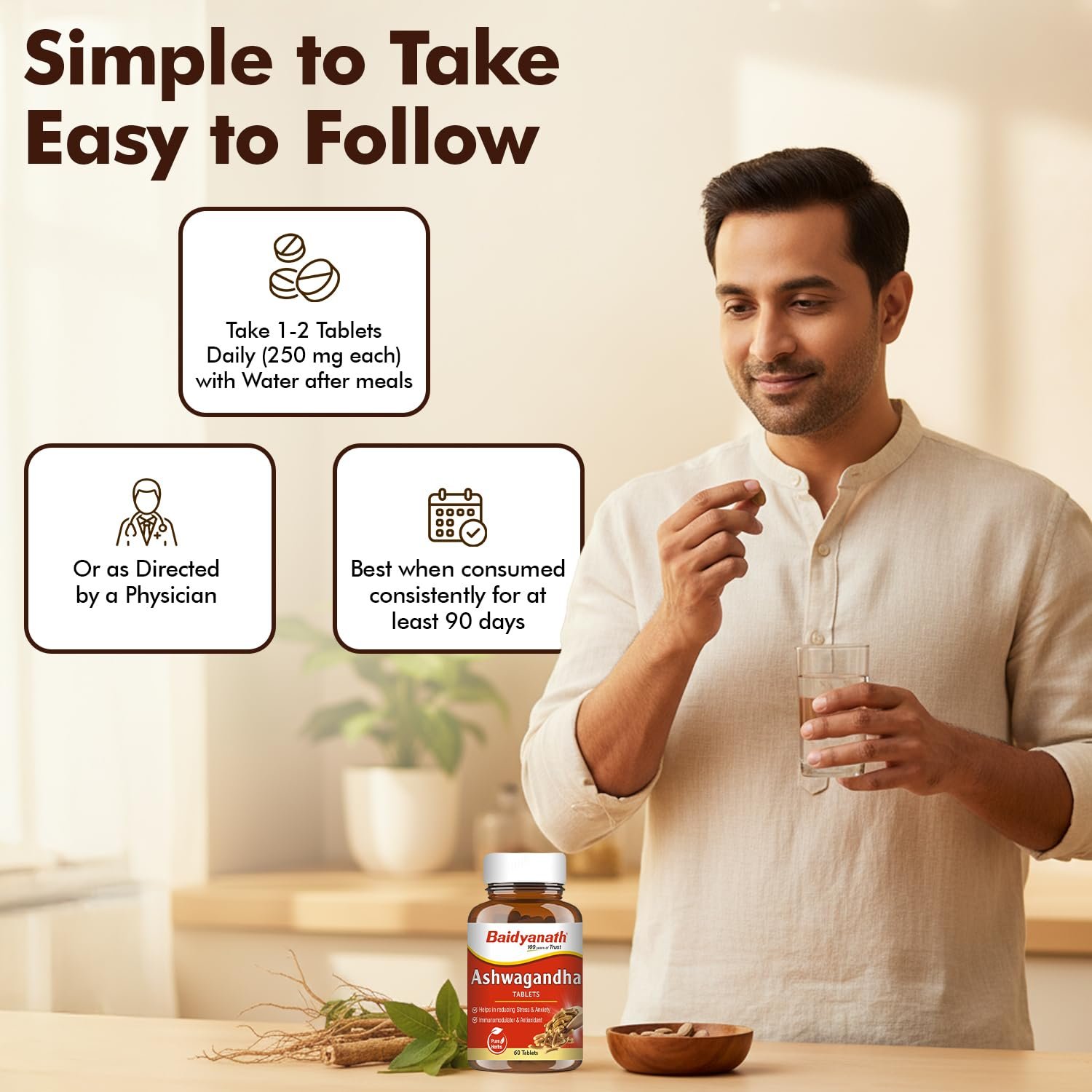 Baidyanath Ayurved Ashwagandha 60 Tablets for General Wellness | Helps Release Stress & Anxiety (Pack of 1) thumbnail