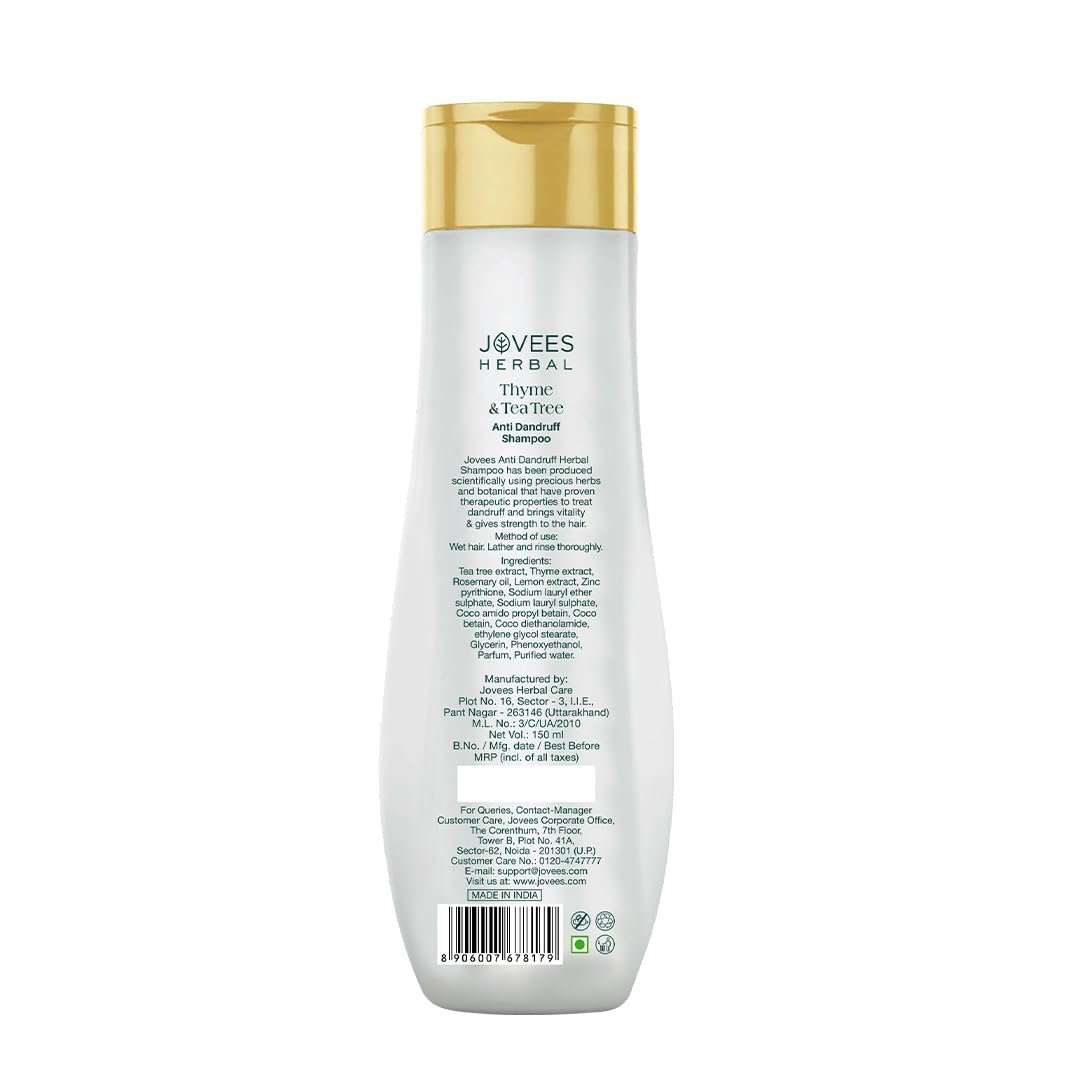 Jovees Herbal Thyme & Tea Tree Anti Dandruff Shampoo | With Tea Tree, Thyme & Lemon Extract | For All Hair Type | Prevents Dandruff & Dry Scalp | For Men & Women- 150ml thumbnail