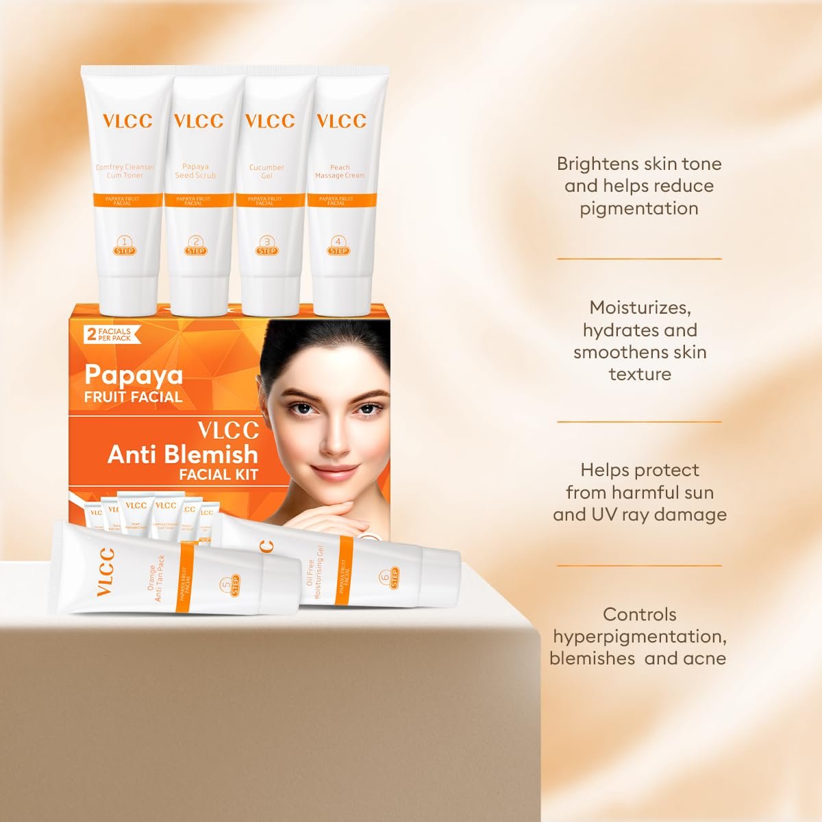 VLCC Papaya Fruit Facial Kit - 60g | Glowing, Blemish Free Skin | With Papaya, Cucumber, Peach, and Orange Peel Extracts | Glowing at Home Facial Kit. thumbnail