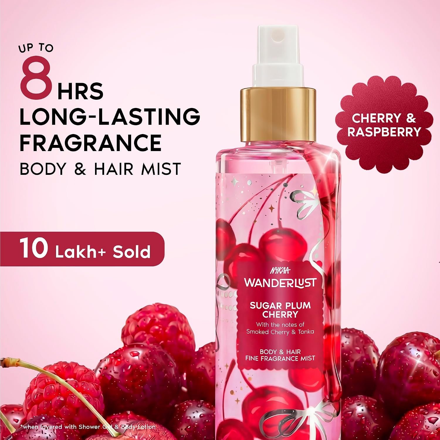 Nykaa Wanderlust Sugar Plum Cherry Perfume Body & Hair Mist, Notes of Cherry & Raspberry, 8 Hrs Long-Lasting Everyday Fragrance, 200 ml thumbnail