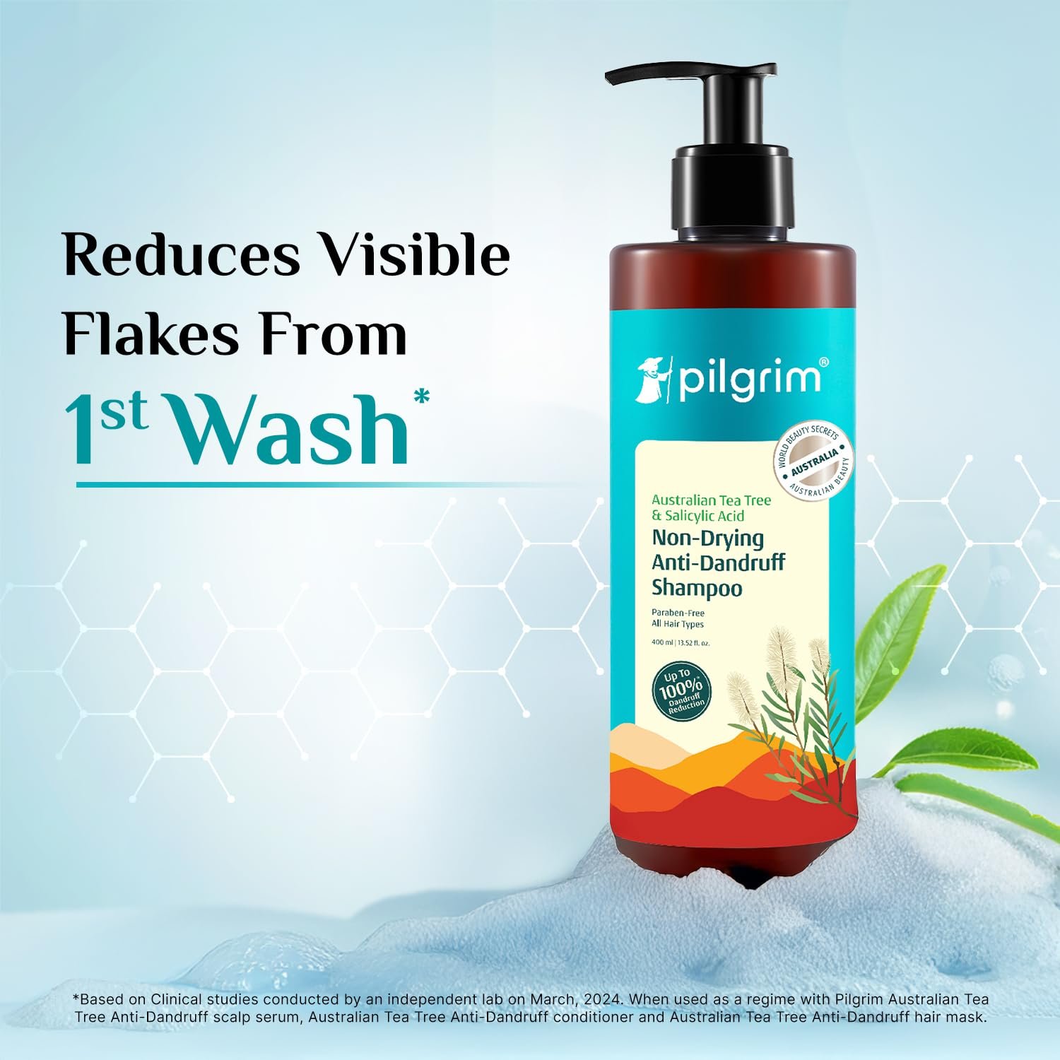 Pilgrim Australian Tea Tree Non-Drying Anti-Dandruff Shampoo - 400ml Salicylic Acid, Reduces Visible Flakes from 1st Wash, Prevent Dandruff Reccurence, Non-Drying Scalp Cleanse, All Hair Typ thumbnail