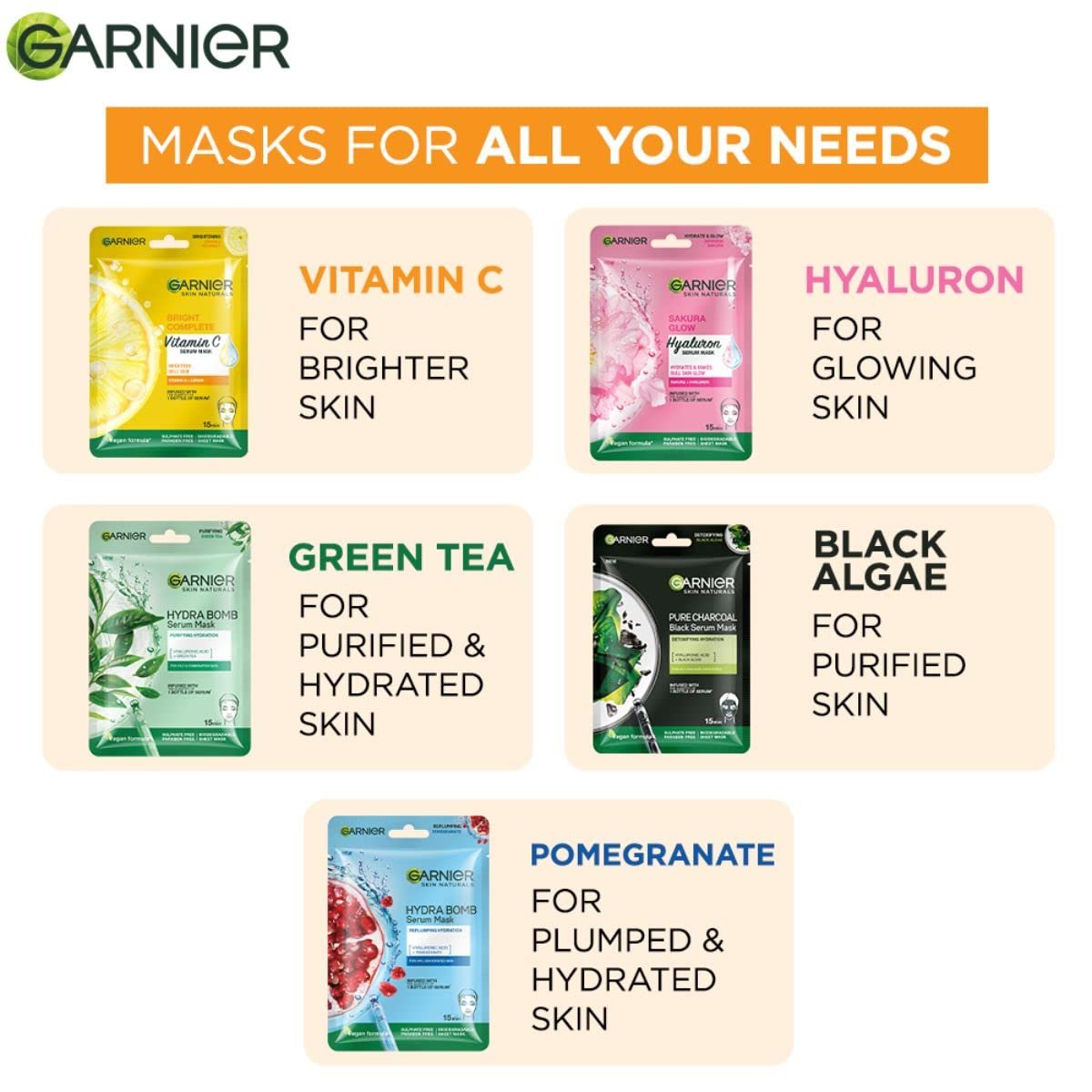 Garnier Vitamin C Sheet Mask, Hydrating, Brightening & Anti-Dark Spots, boosts the skin's overall glow reduces dark spots |28g thumbnail