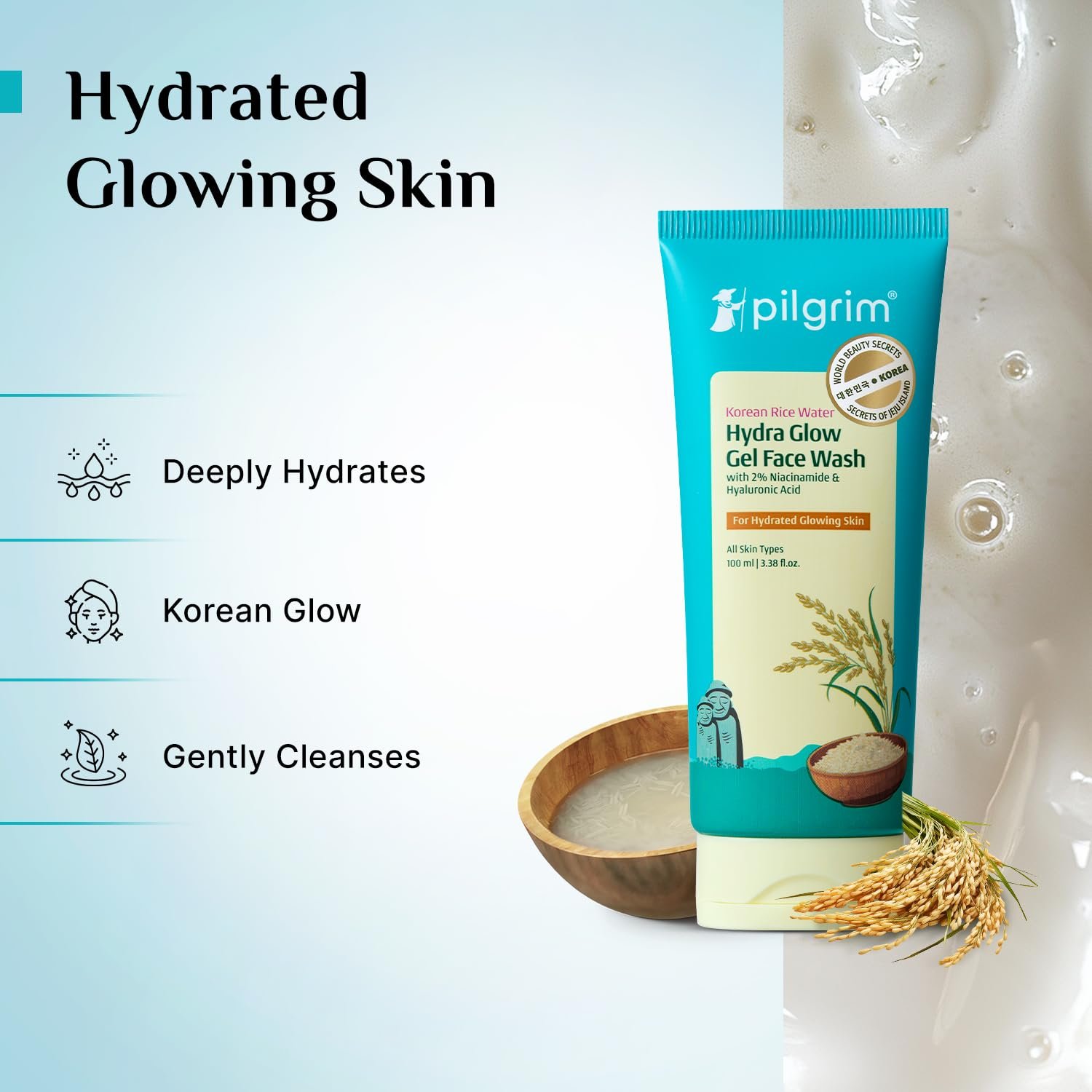 Pilgrim Korean Rice Water Hydra Glow Face Wash with 2% Niacinamide - 100ml with Niacinamide & Hyaluronic Acid, Hydrating Cleanser, Boosts Glow, Gently Cleanses, Leaves Skin Soft & Fresh, All thumbnail