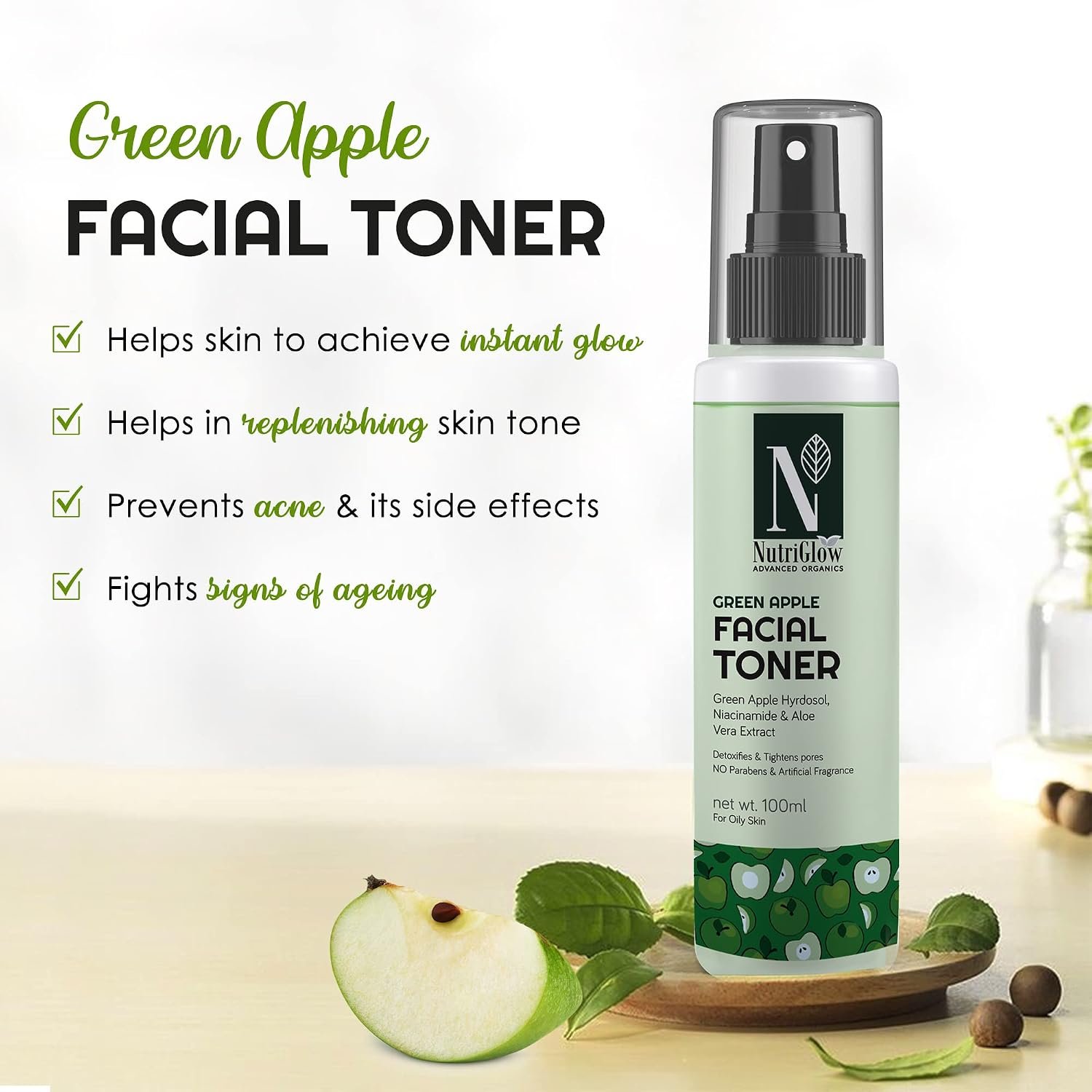 NutriGlow Advanced Organic Green Apple Facial Toner  100ml thumbnail