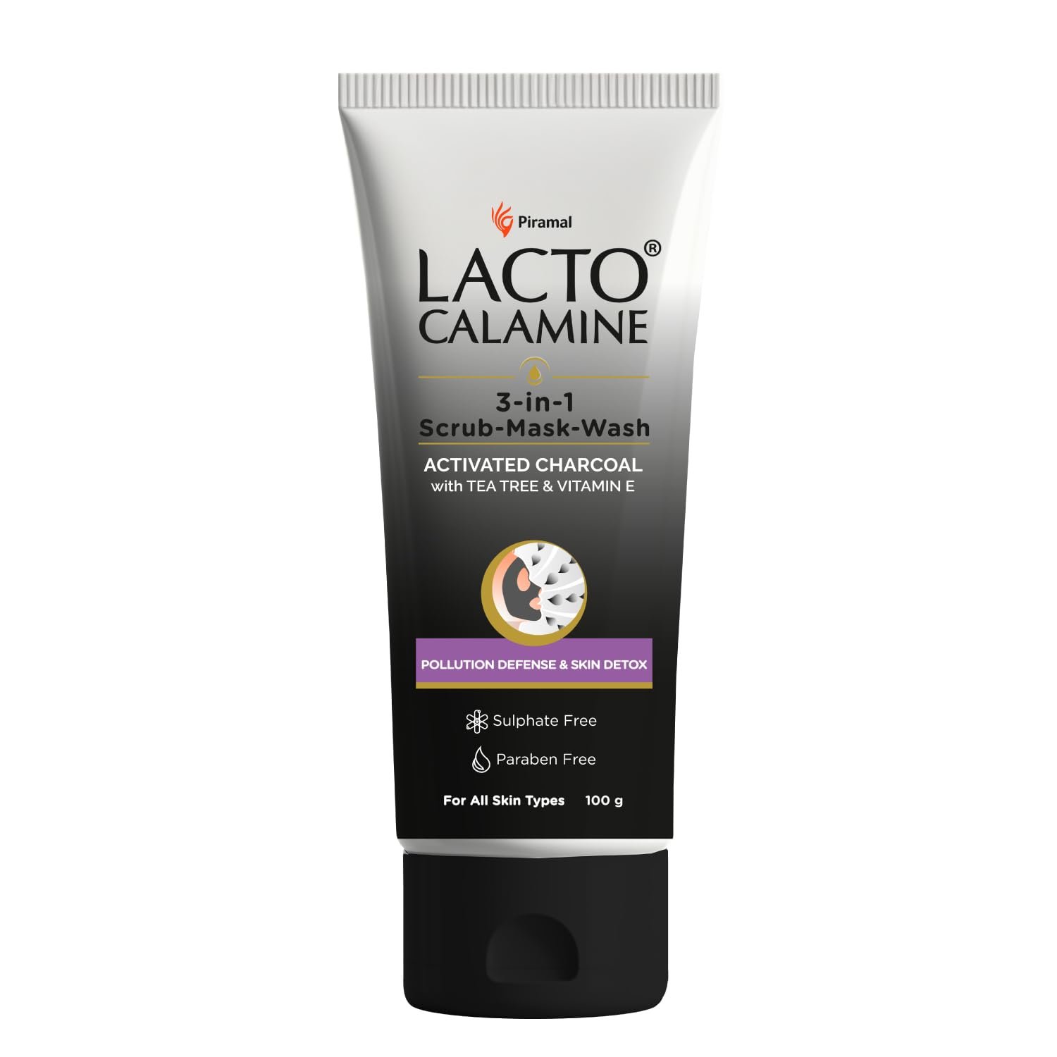 Lacto Calamine 3-in-1 Charcoal Face Scrub-Mask-Wash for Pollution Defence | 100 ml x 1 | Multi-action Encapsulated Charcoal Face Wash, Face Scrub