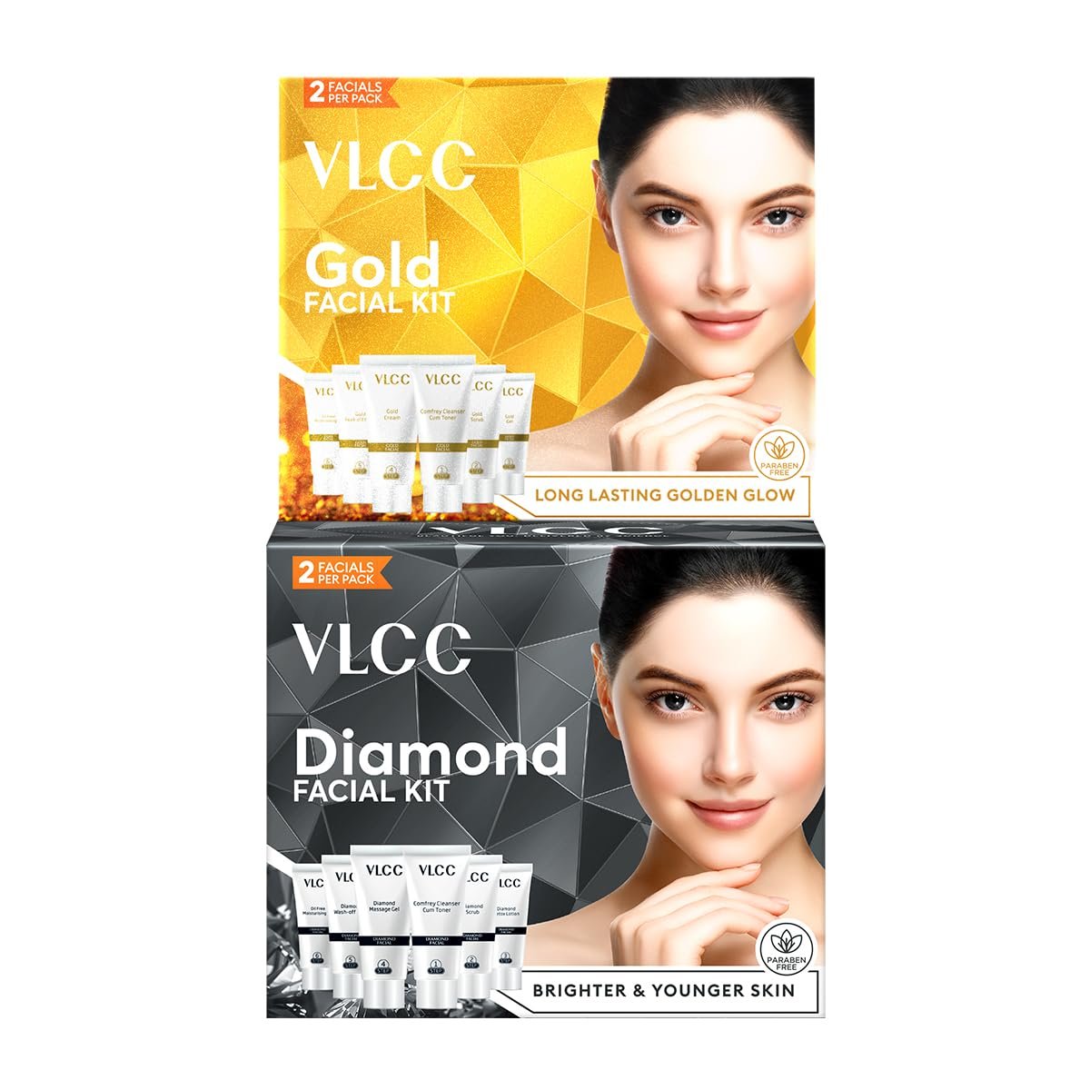 VLCC Gold Facial Kit & VLCC Diamond Facial Kit - 60g Each (Pack of 2) | Pamper your Skin for a Luminous Glow | Skin purifying with Parlour Glow