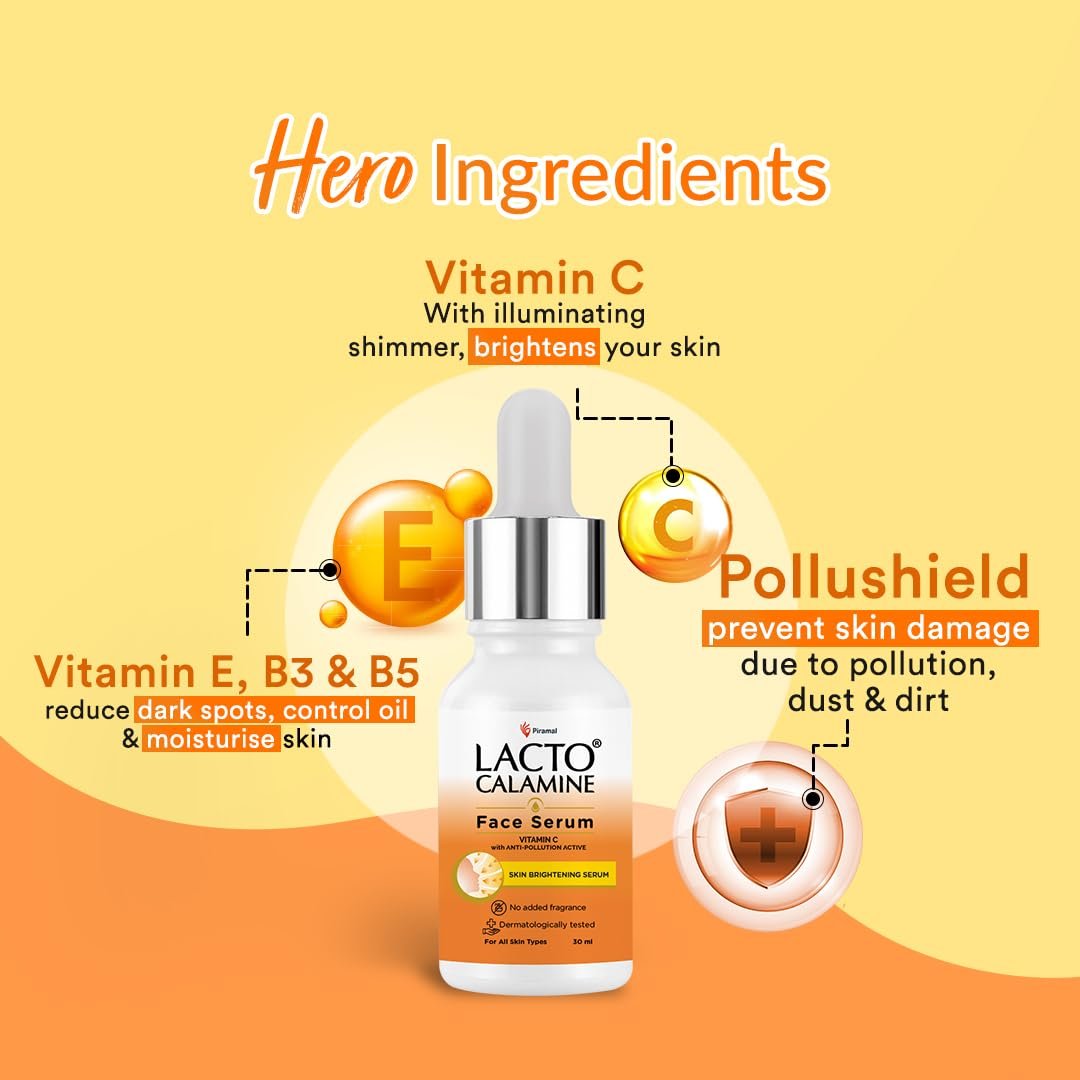 Lacto Calamine Vitamin C Face Serum with 98% Pure Vitamin C Complex & Niacinamide | Brightens Skin, Reduces Dark Spots & Hyperpigmentation | Boosts Glow & Evens Skin Tone |  30ml thumbnail